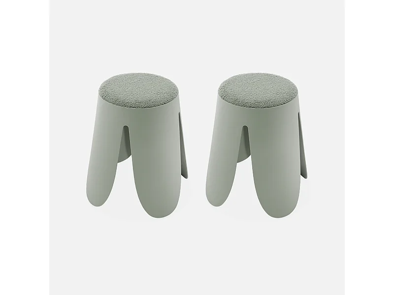 Set de 2 tabourets empilables vert céladon. bouclette texturée. NIKI. Ø30 / 44 x H46cm