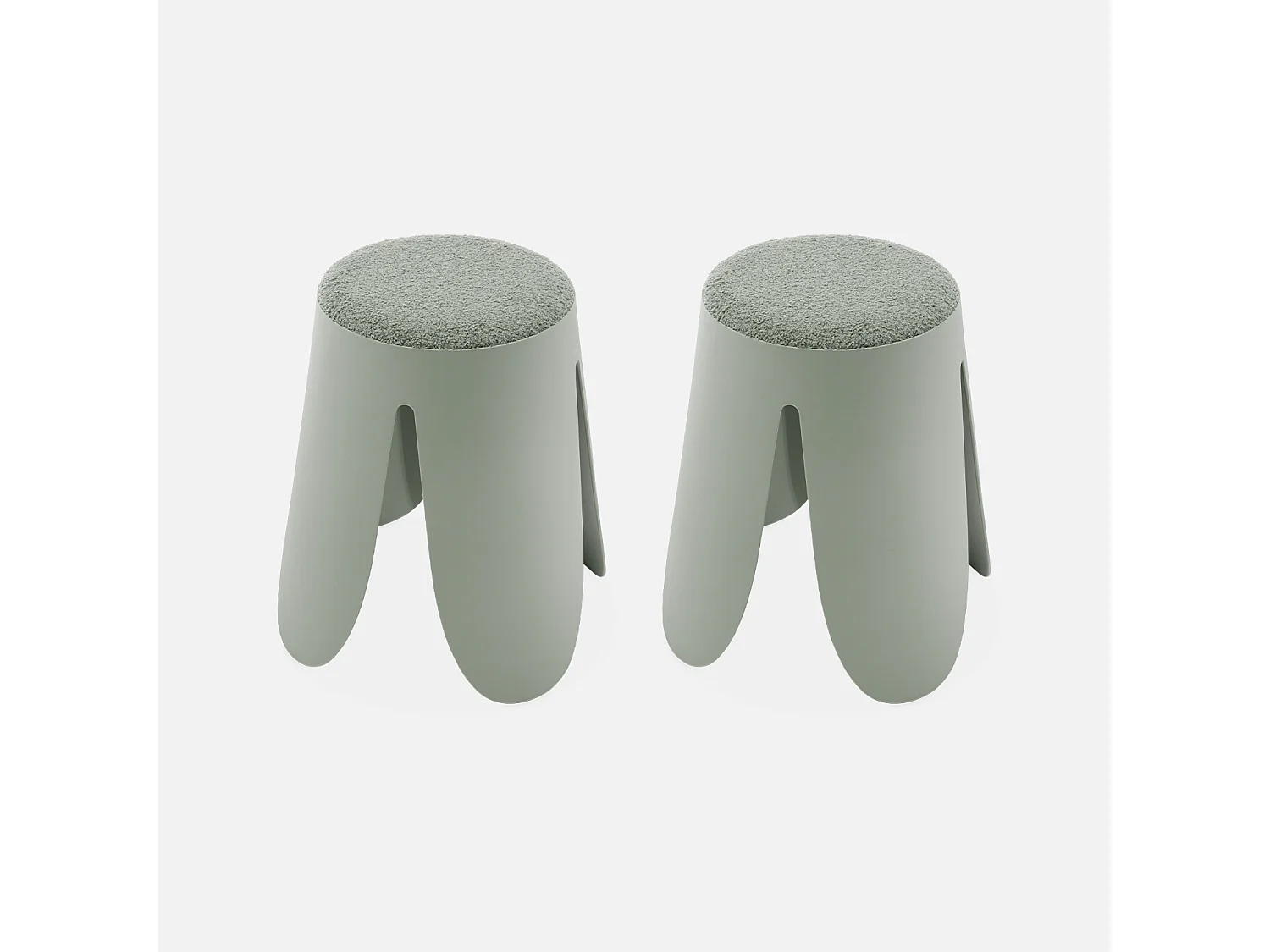 Set de 2 tabourets empilables vert céladon. bouclette texturée. NIKI. Ø30 / 44 x H46cm