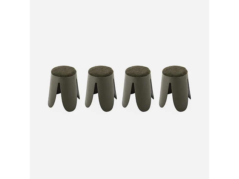 Set de 4 tabourets empilables kaki foncé. bouclette texturée. NIKI. Ø30 / 44 x H46cm
