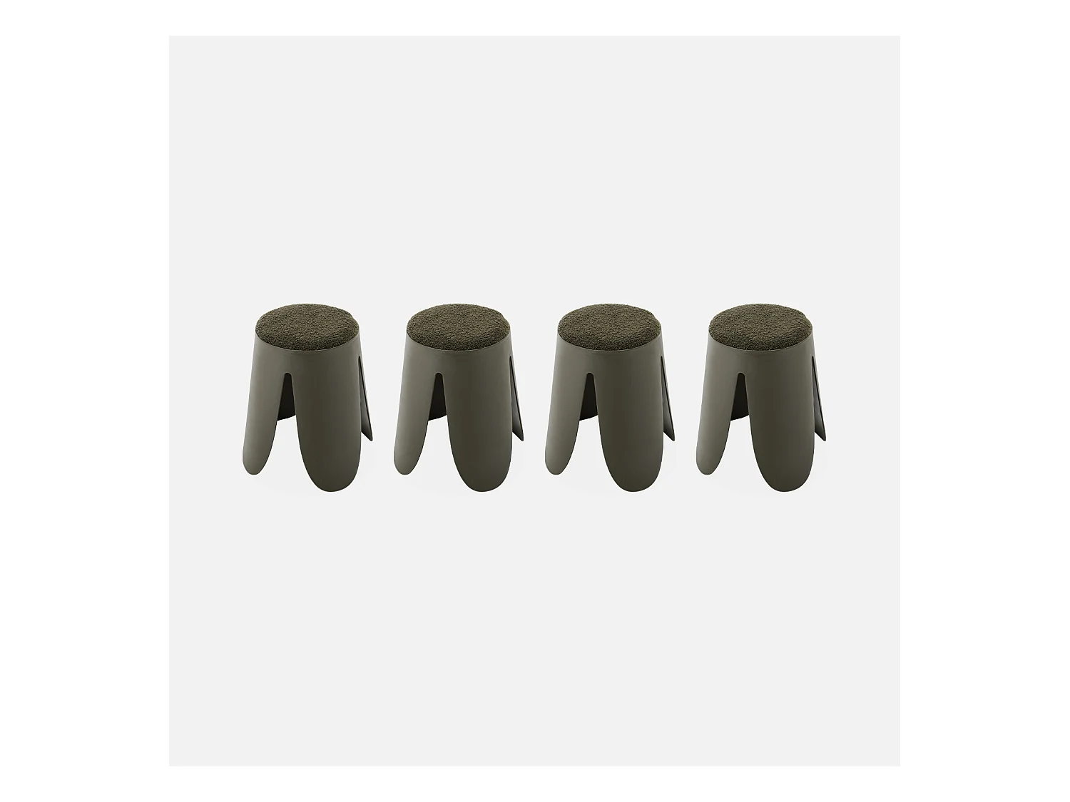 Set de 4 tabourets empilables kaki foncé. bouclette texturée. NIKI. Ø30 / 44 x H46cm