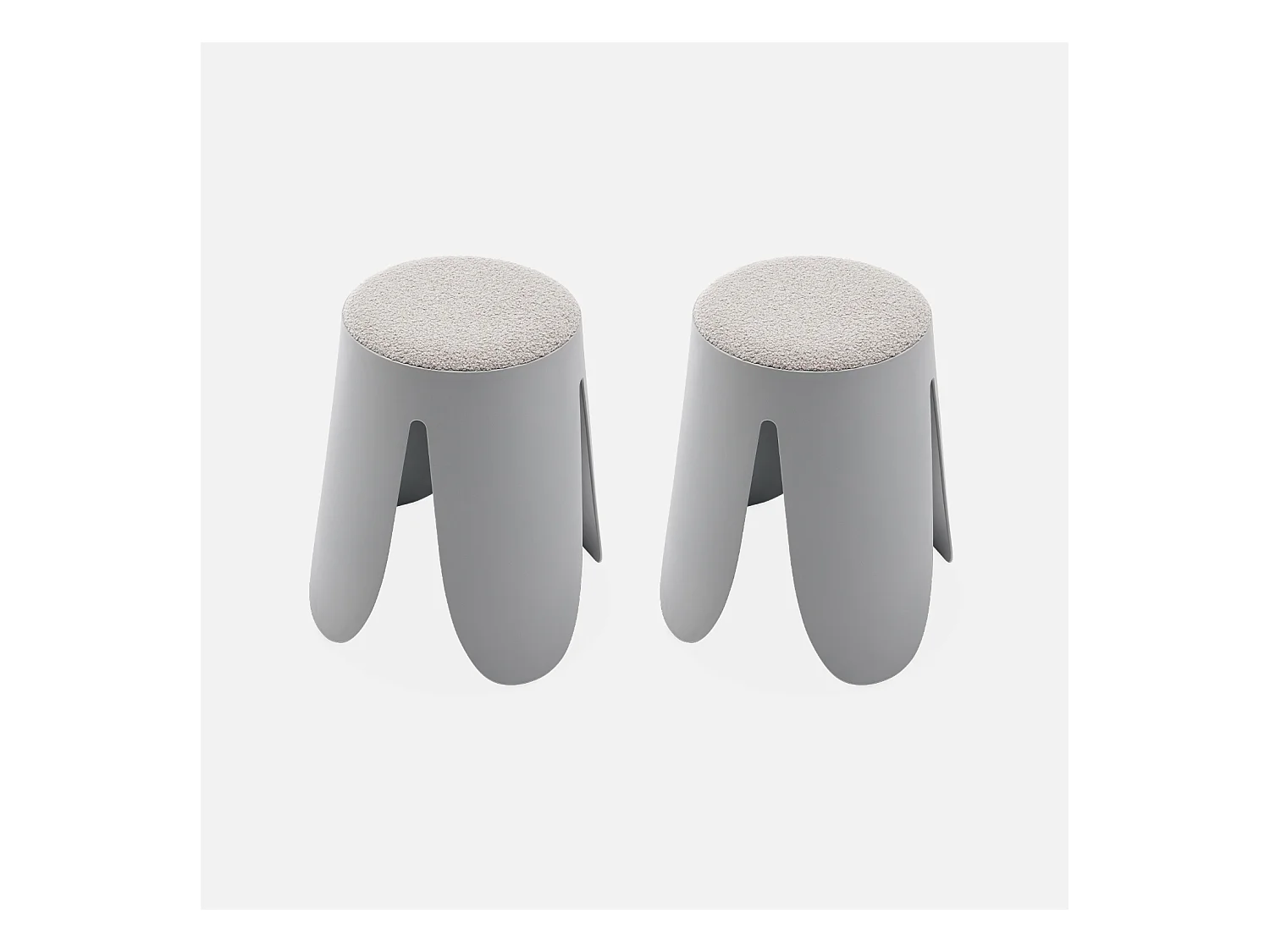 Set de 2 tabourets empilables gris clairs. bouclette texturée. NIKI. Ø30 / 44 x H46cm