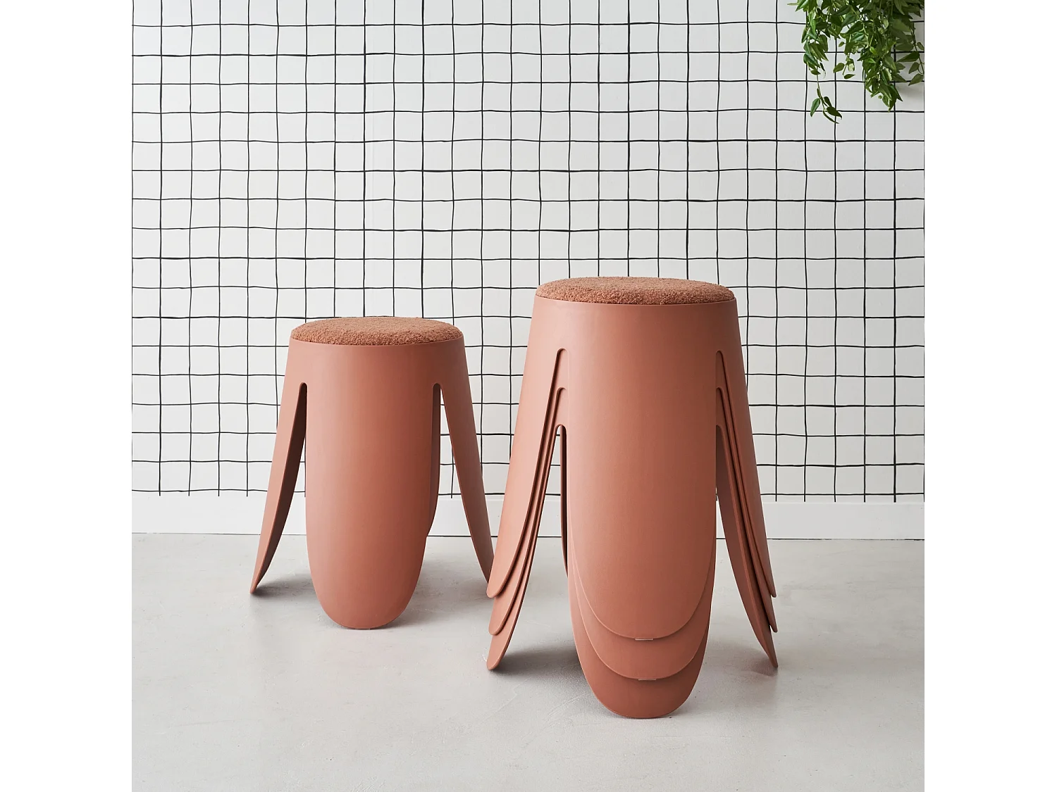 Taburetes apilable de borreguito texturizado, set de 4 terracotta