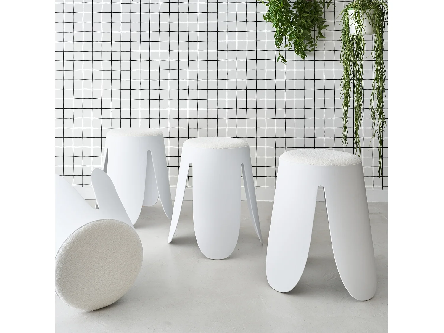 Taburetes apilable de borreguito texturizado, set de 4 blanco