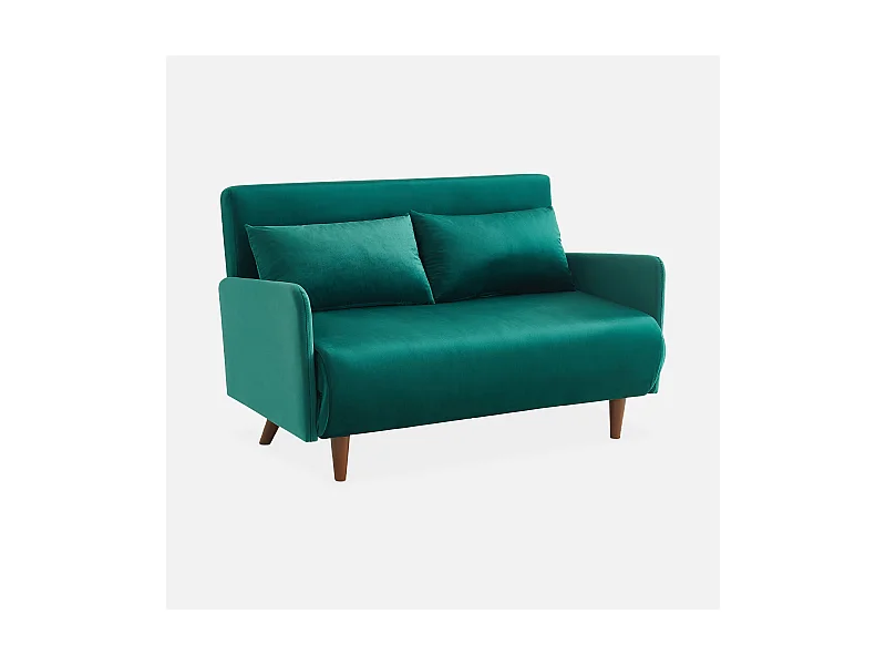 Divano letto a 2 posti in velluto con gambe in legno, verde