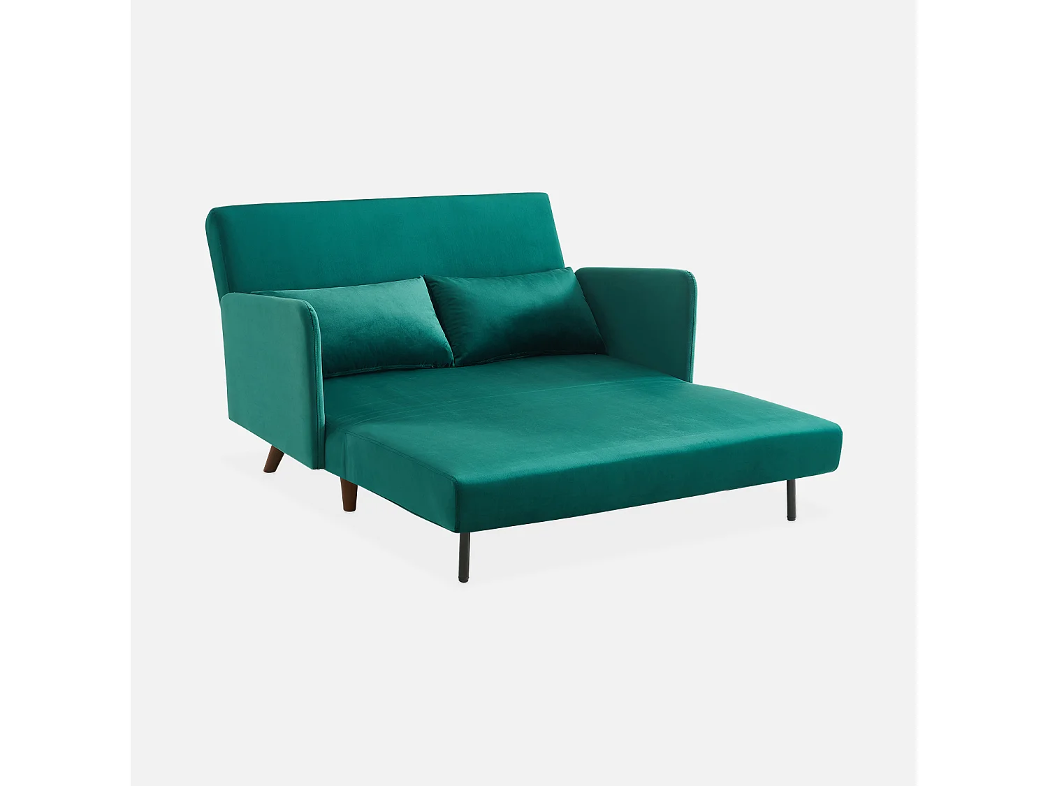 Sofá cama de terciopelo con patas de madera, 2 plazas verde