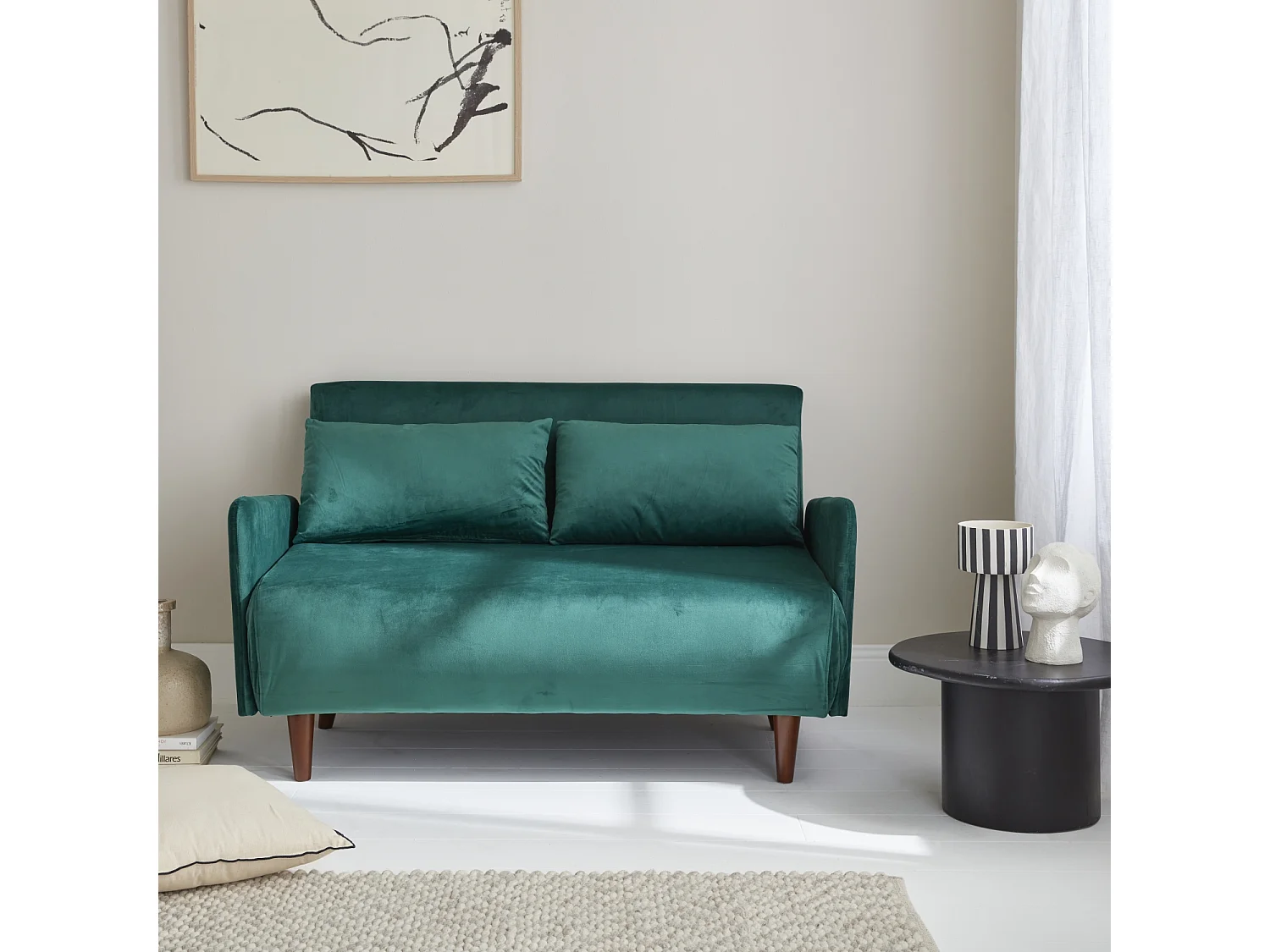 Sofá cama de terciopelo con patas de madera, 2 plazas verde