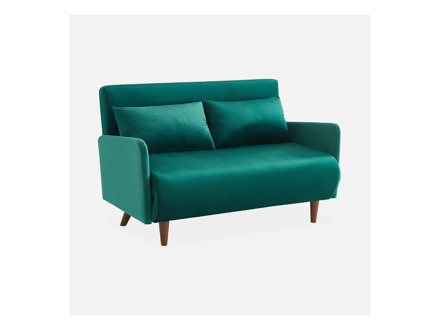 Canapé convertible en velours - Panam - 2 places scandinave. pieds bois foncé. vert. banquette. dossier inclinable