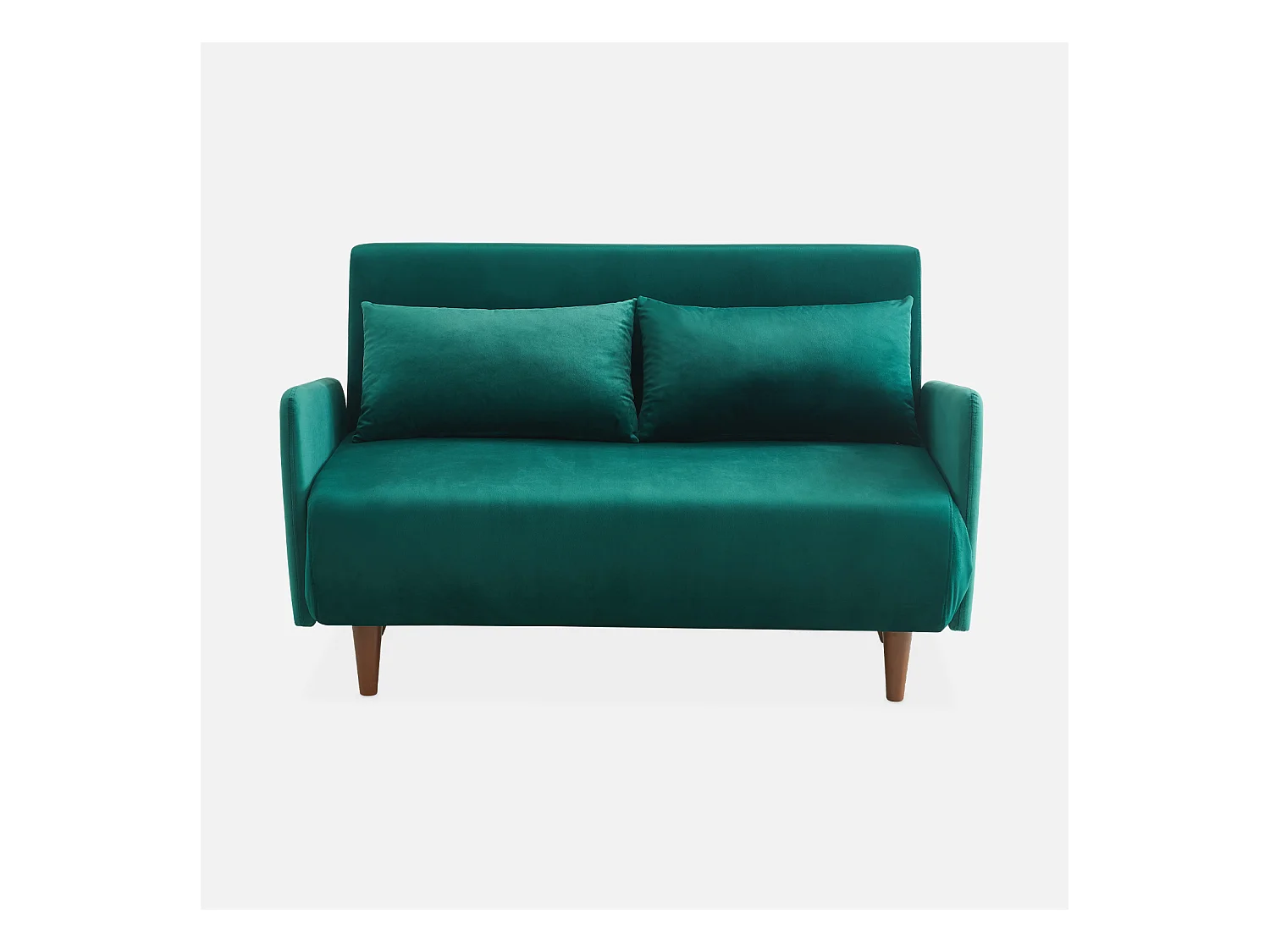 Canapé convertible en velours - Panam - 2 places scandinave. pieds bois foncé. vert. banquette. dossier inclinable