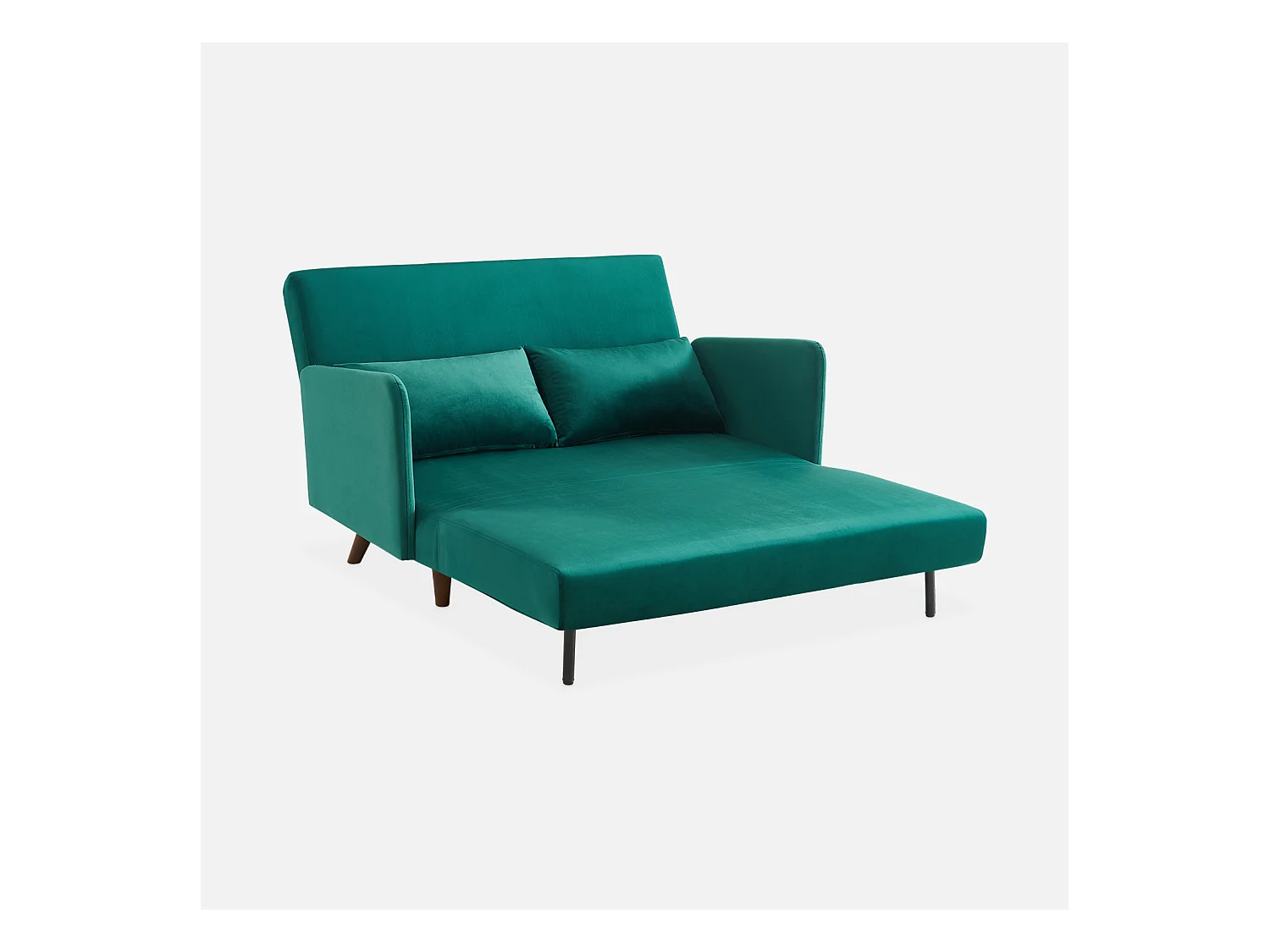 Canapé convertible en velours - Panam - 2 places scandinave. pieds bois foncé. vert. banquette. dossier inclinable
