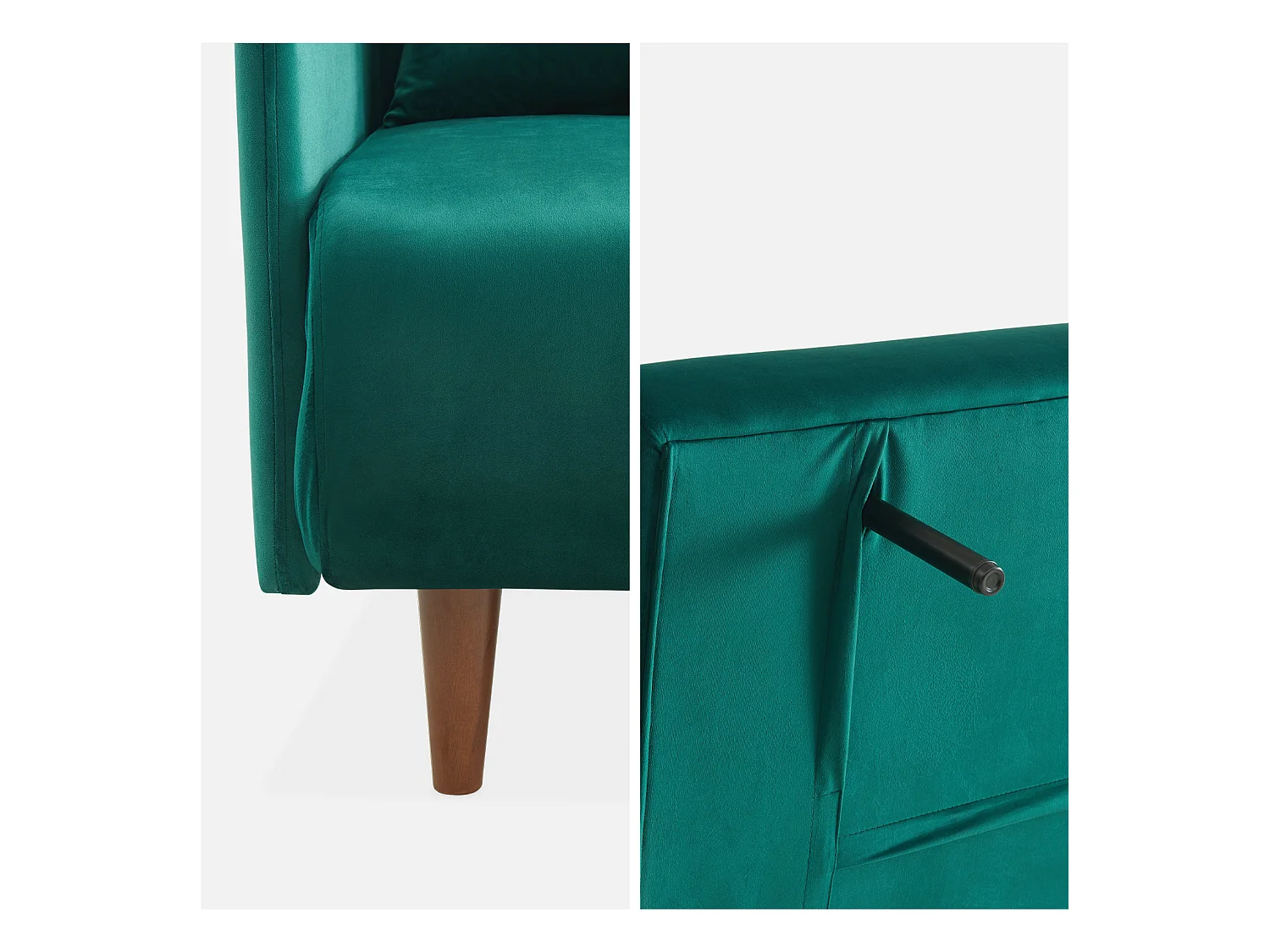 Canapé convertible en velours - Panam - 2 places scandinave. pieds bois foncé. vert. banquette. dossier inclinable