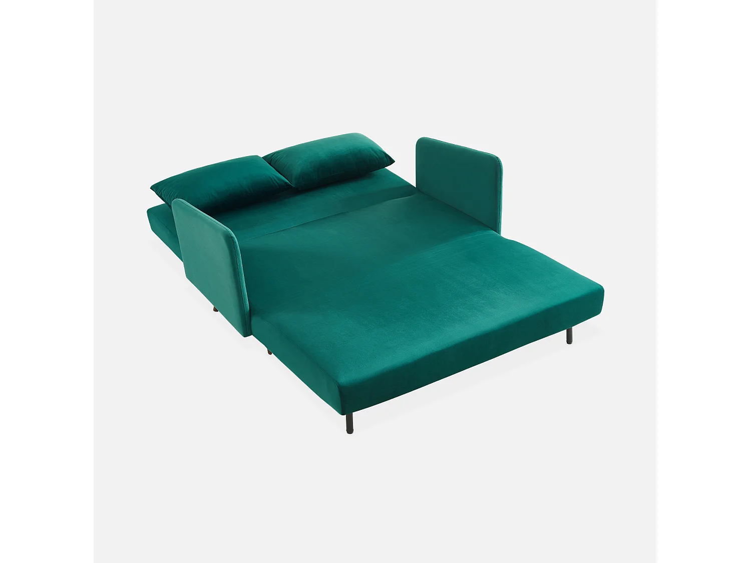 Canapé convertible en velours - Panam - 2 places scandinave. pieds bois foncé. vert. banquette. dossier inclinable