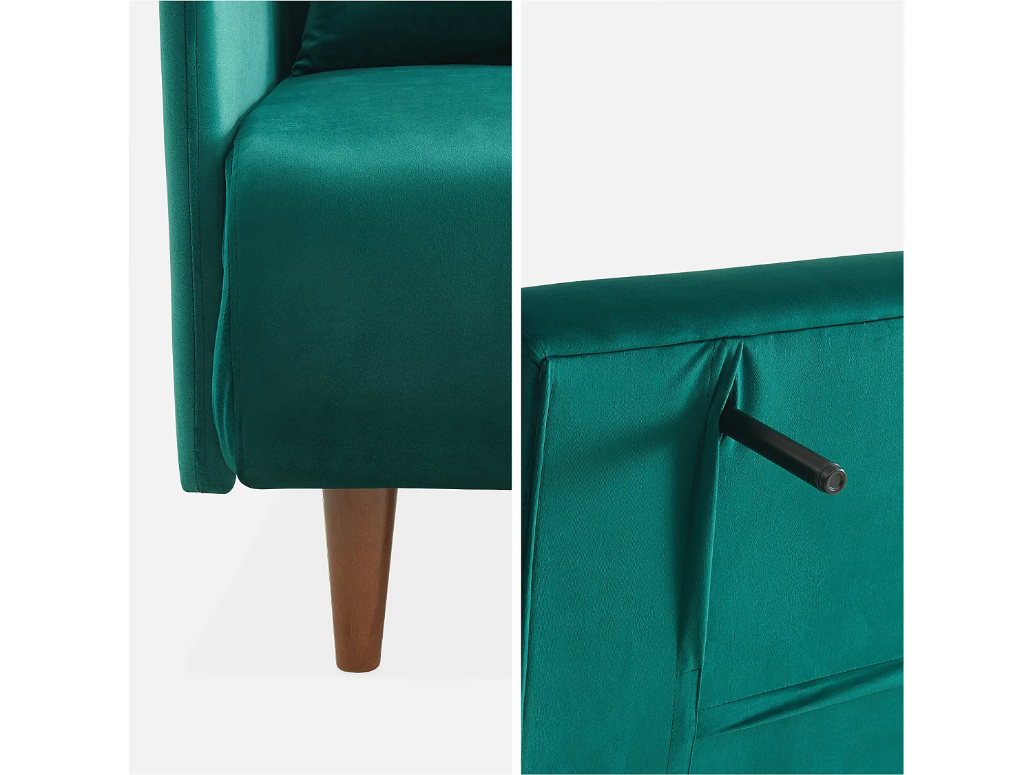 Canapé convertible en velours - Panam - 2 places scandinave. pieds bois foncé. vert. banquette. dossier inclinable