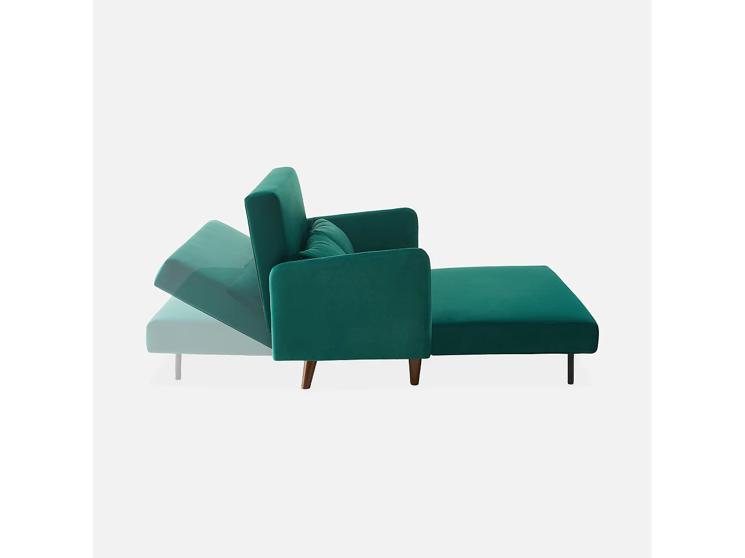 Canapé convertible en velours - Panam - 2 places scandinave. pieds bois foncé. vert. banquette. dossier inclinable