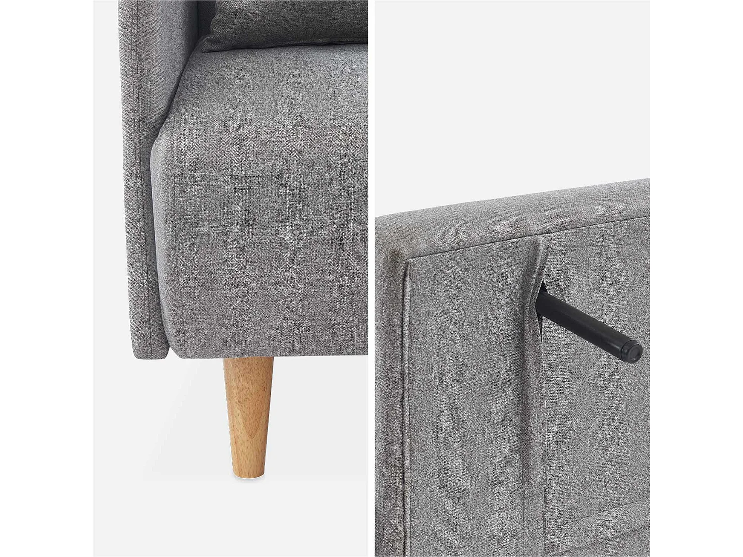 Canapé convertible en tissu - Panam - 2 places scandinave. pieds bois clair. gris clair. banquette. dossier inclinable
