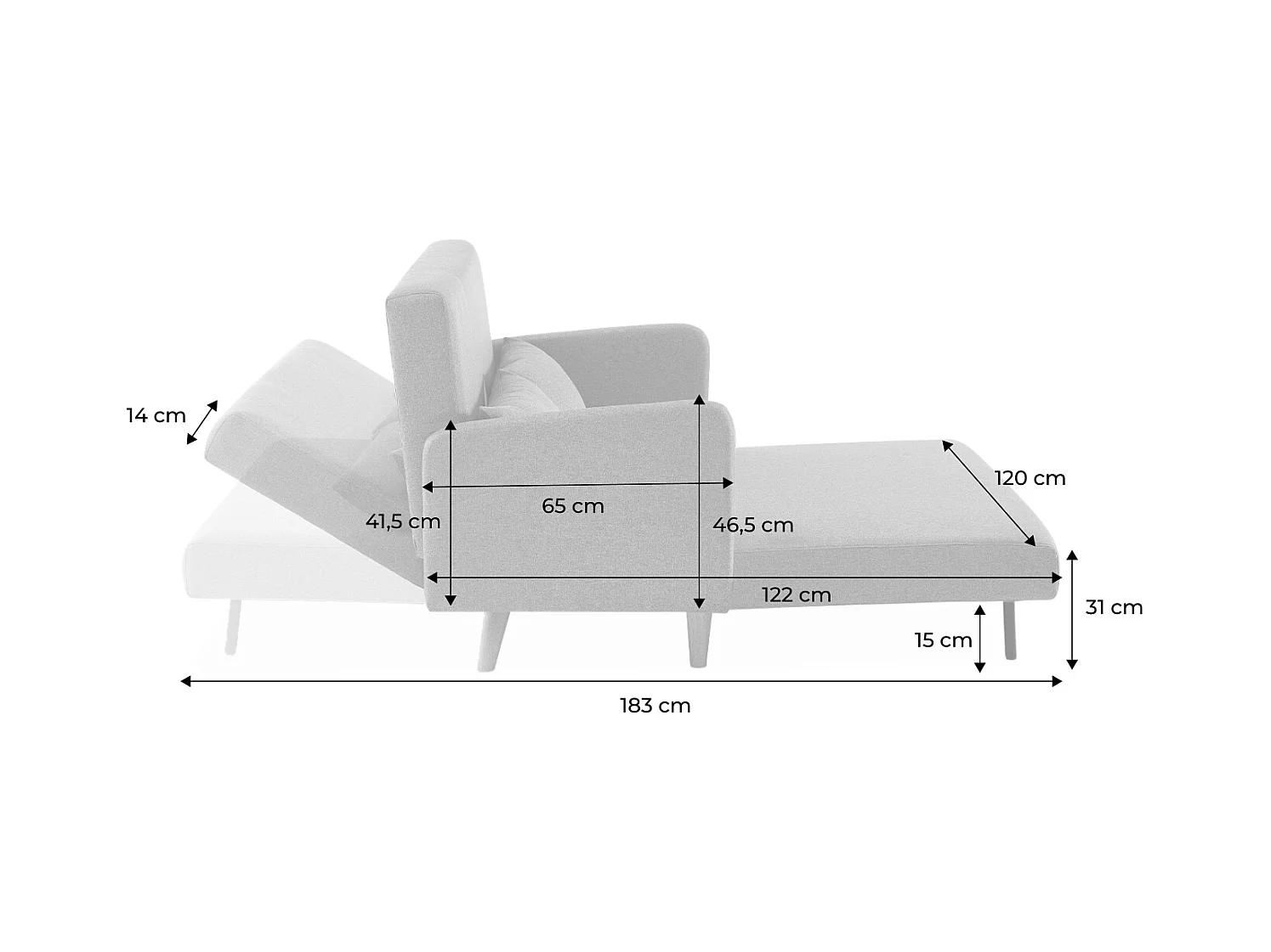 Sofá cama con patas de madera de 2 plazas gris claro