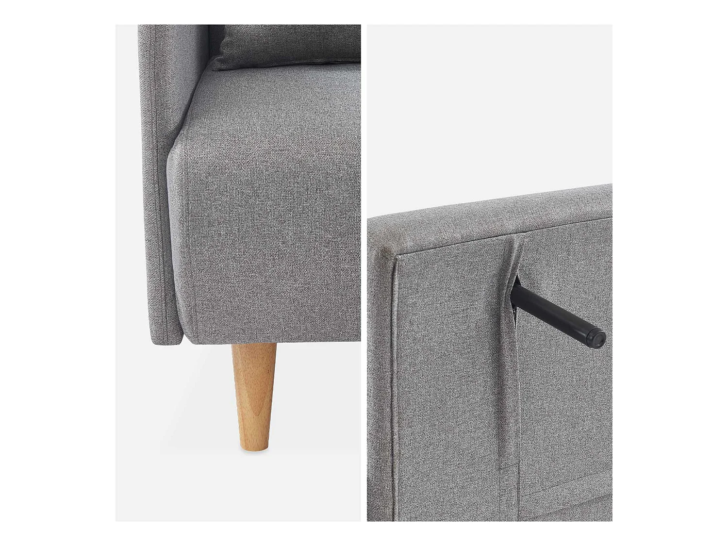 Sofá cama con patas de madera de 2 plazas gris claro