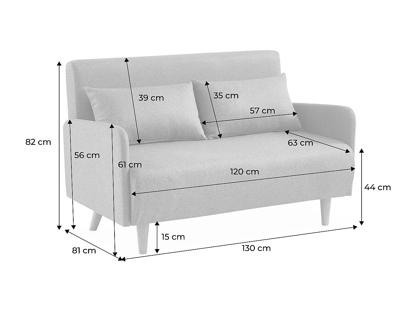 Sofá cama con patas de madera de 2 plazas gris claro