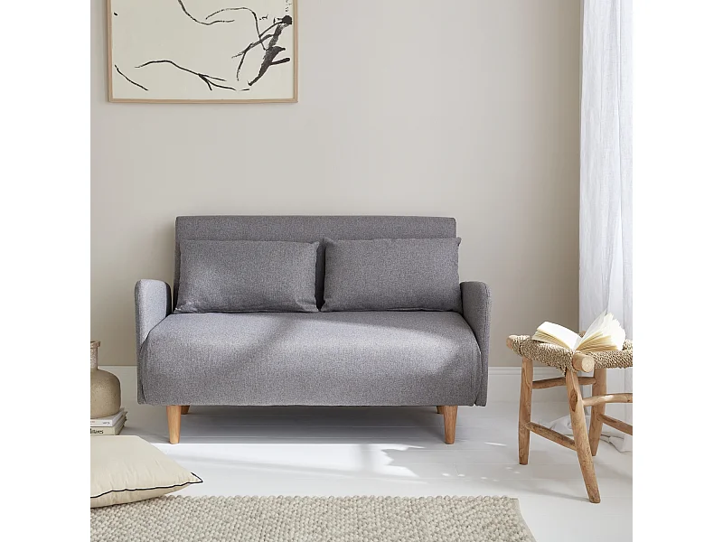 Canapé convertible en tissu - Panam - 2 places scandinave. pieds bois clair. gris clair. banquette. dossier inclinable