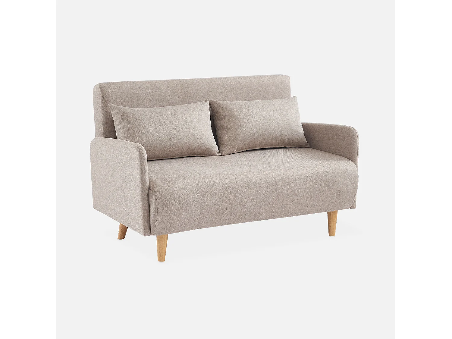 Divanetto letto clic clac 2 posti in tessuto, gambe in legno, beige