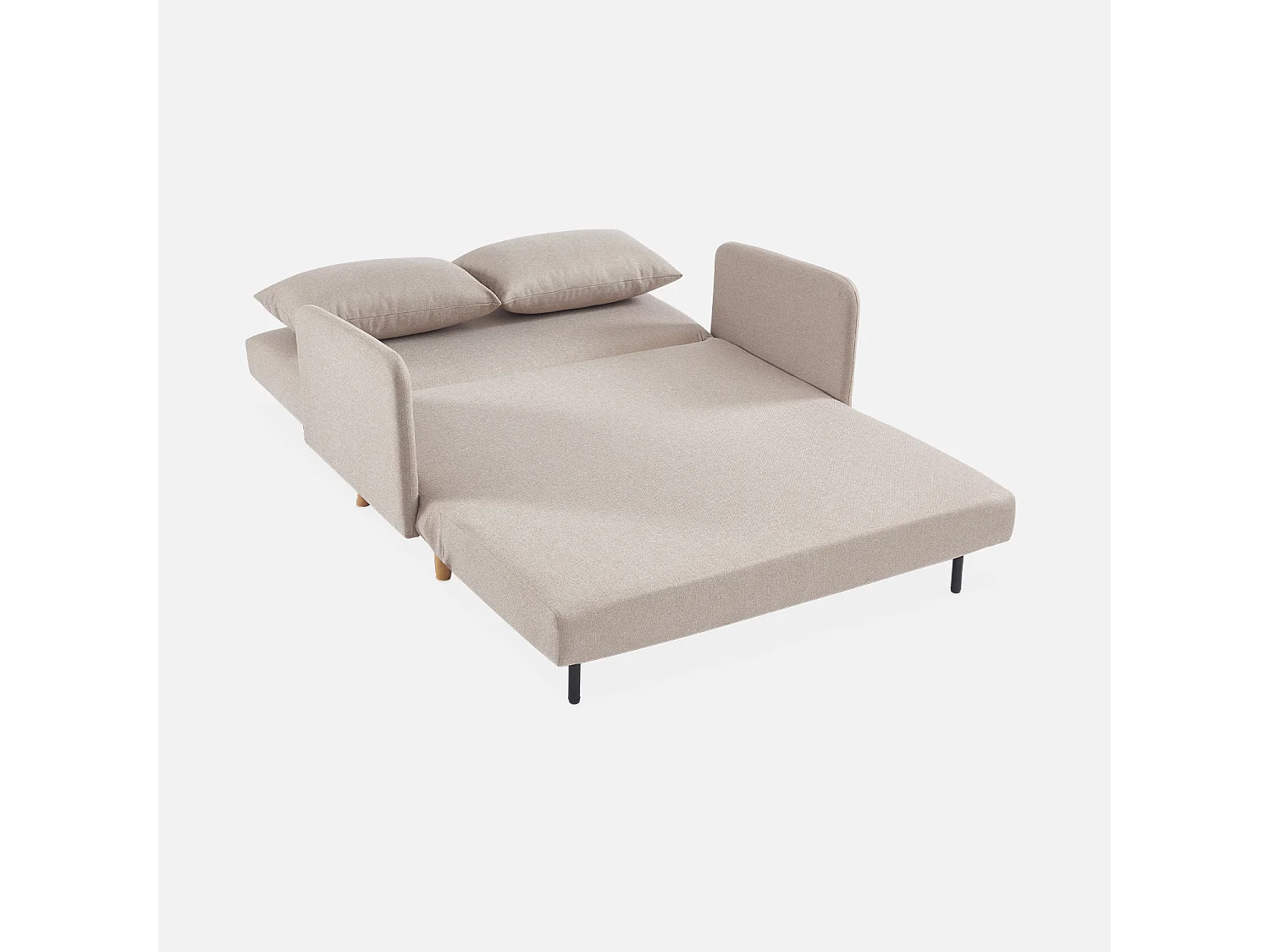 Divanetto letto clic clac 2 posti in tessuto, gambe in legno, beige
