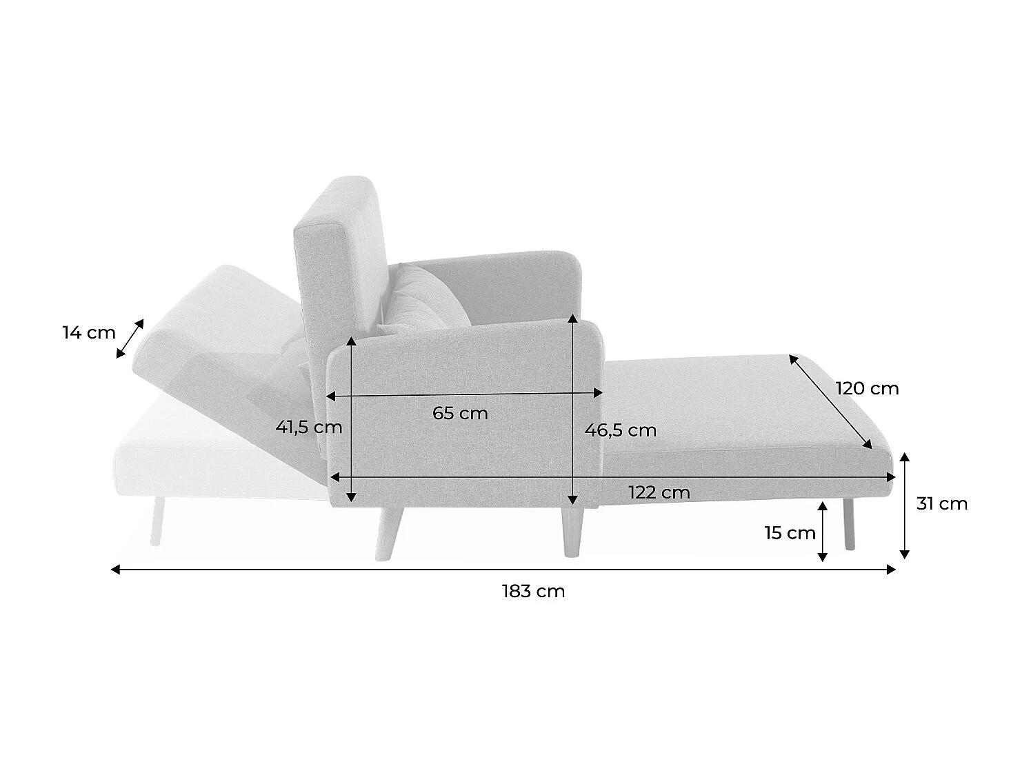 Divanetto letto clic clac 2 posti in tessuto, gambe in legno, beige