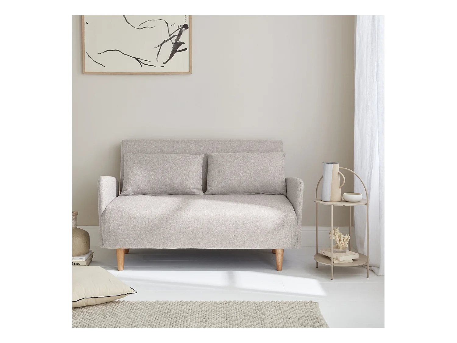 Sofá cama con patas de madera de 2 plazas beige