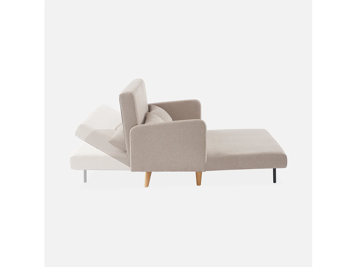 Divano letto clic-clac in tessuto con gambe in legno, 2 posti, beige