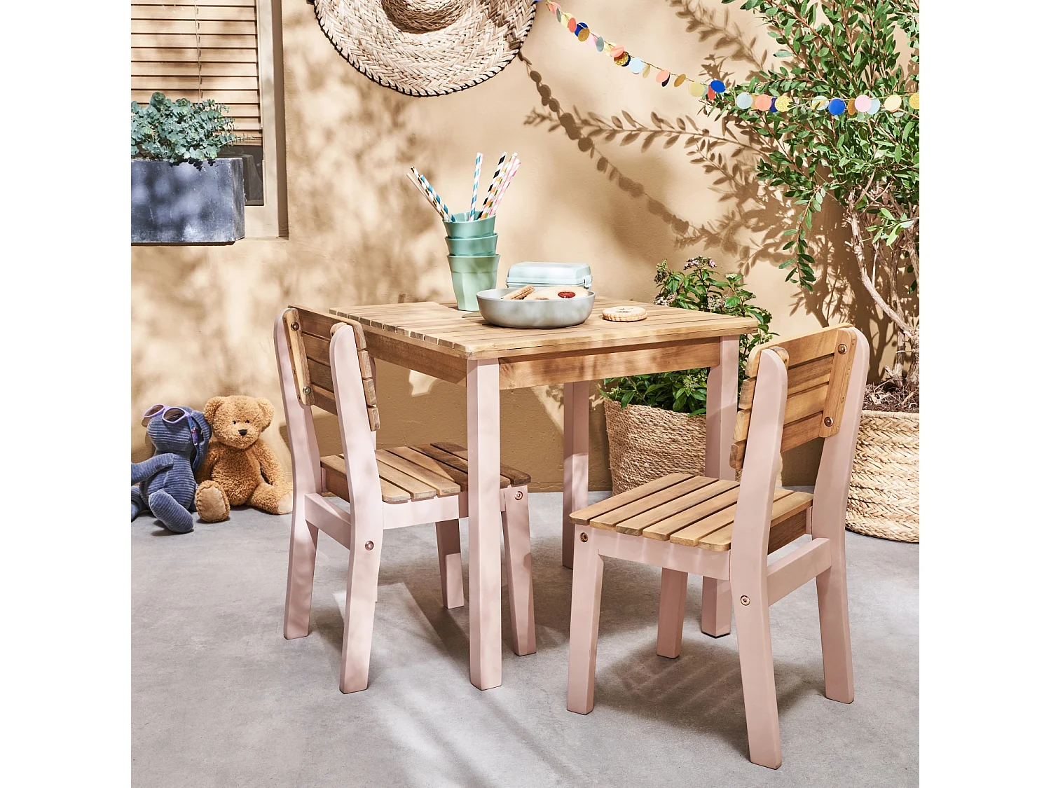 Set di tavolo per bambini in legno, 2 sedie, rosa