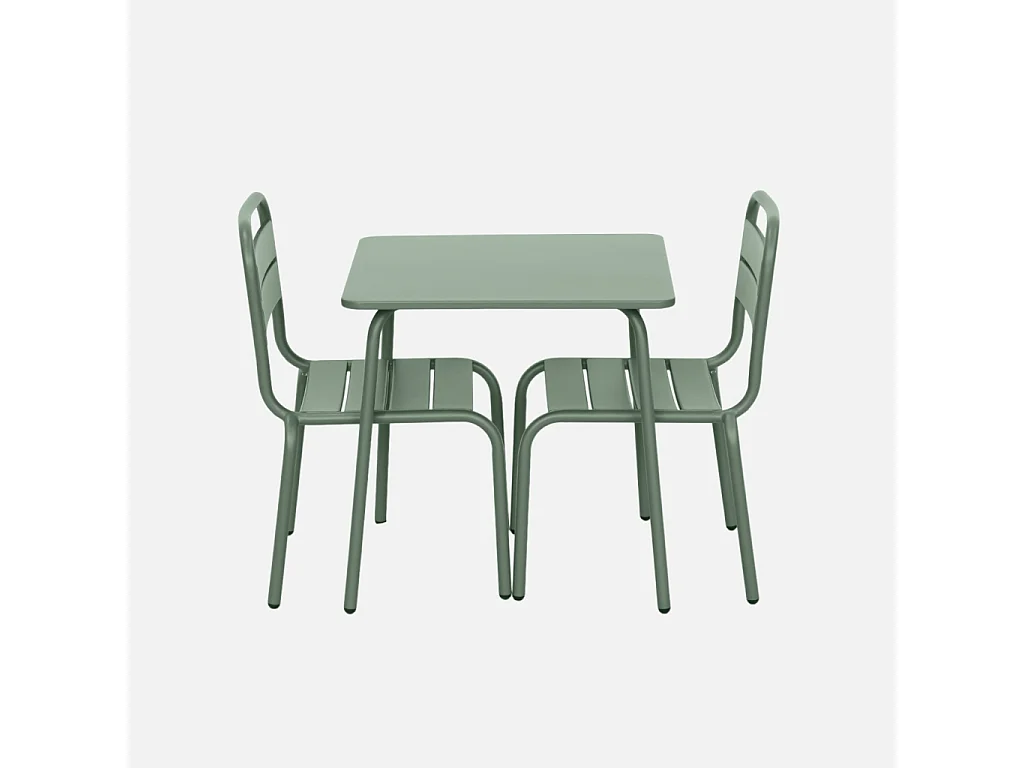 Table de jardin enfant métal + 2 assises vert de gris Anna. 48x48cm