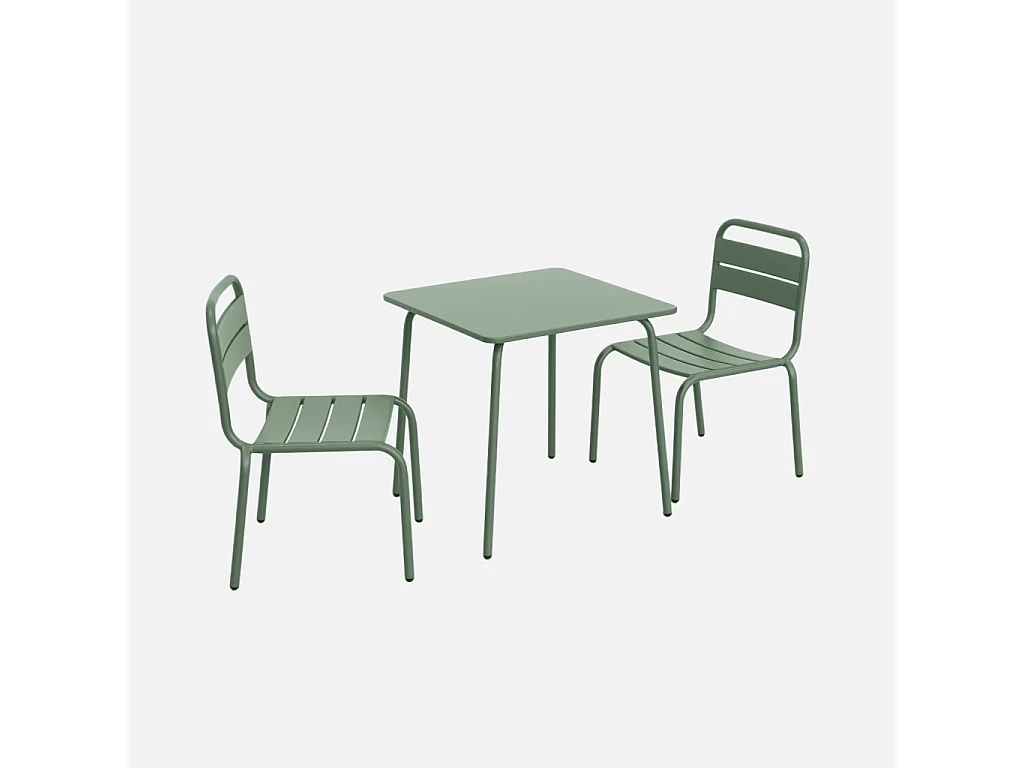 Table de jardin enfant métal + 2 assises vert de gris Anna. 48x48cm