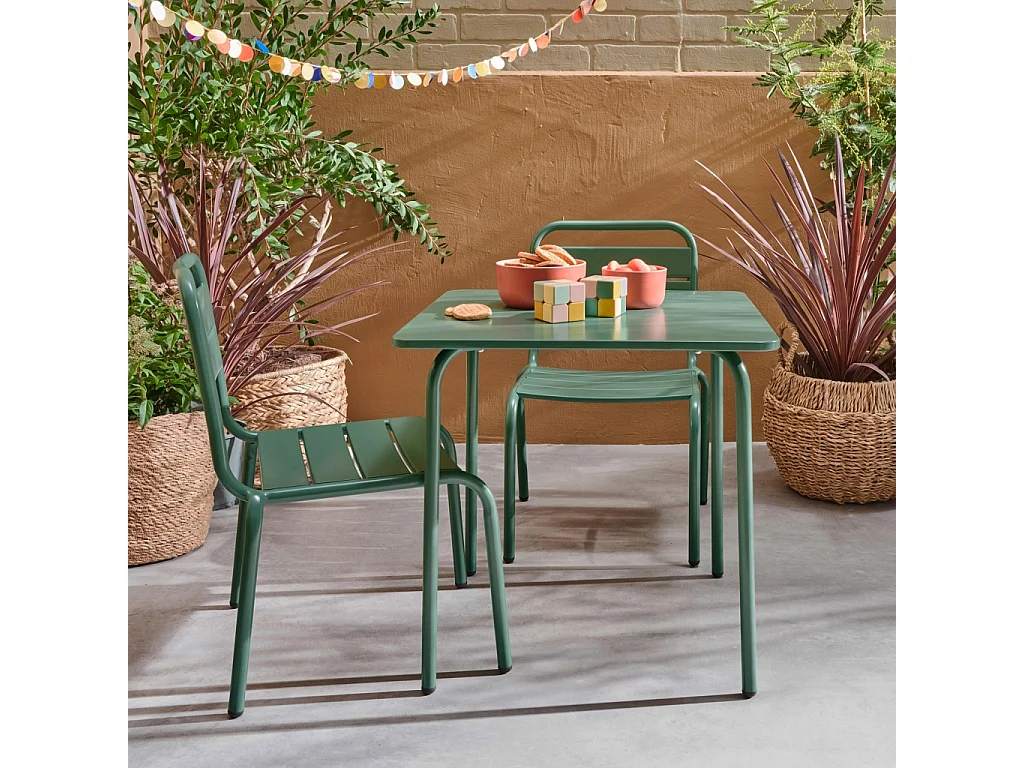Table de jardin enfant métal + 2 assises vert de gris Anna. 48x48cm