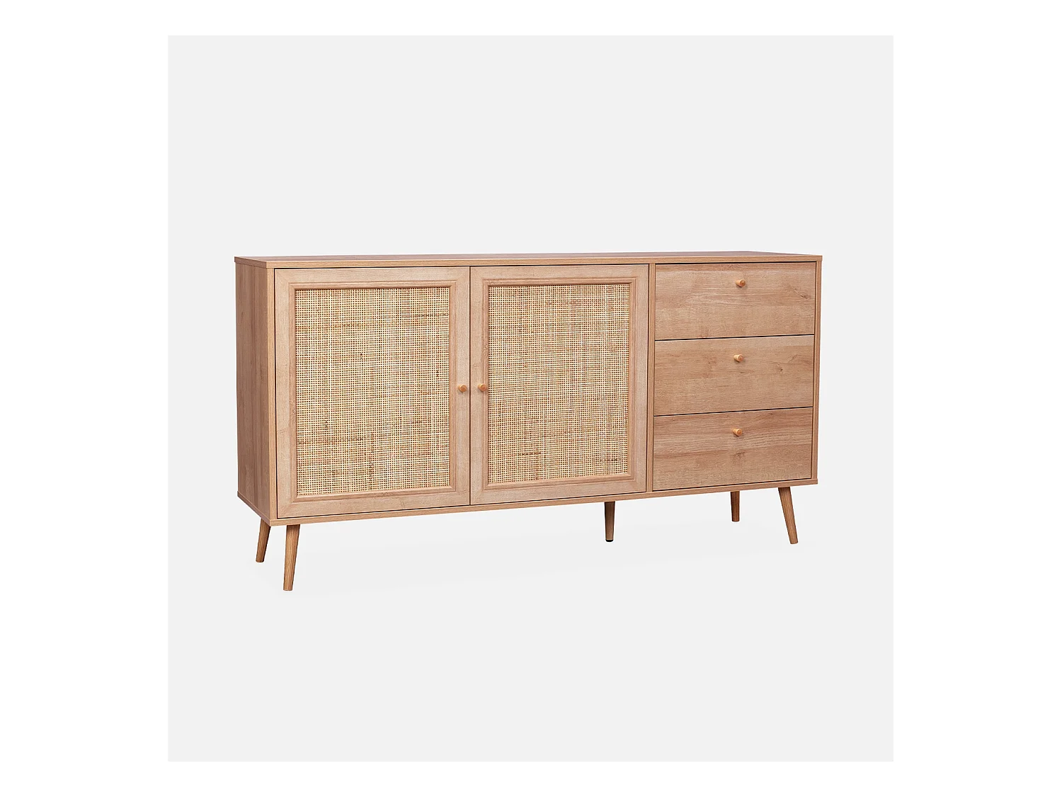 Buffet de rangement naturel en cannage 2 portes 3 tiroirs. buffet bas. L150 x l39 x H79cm - Bohème