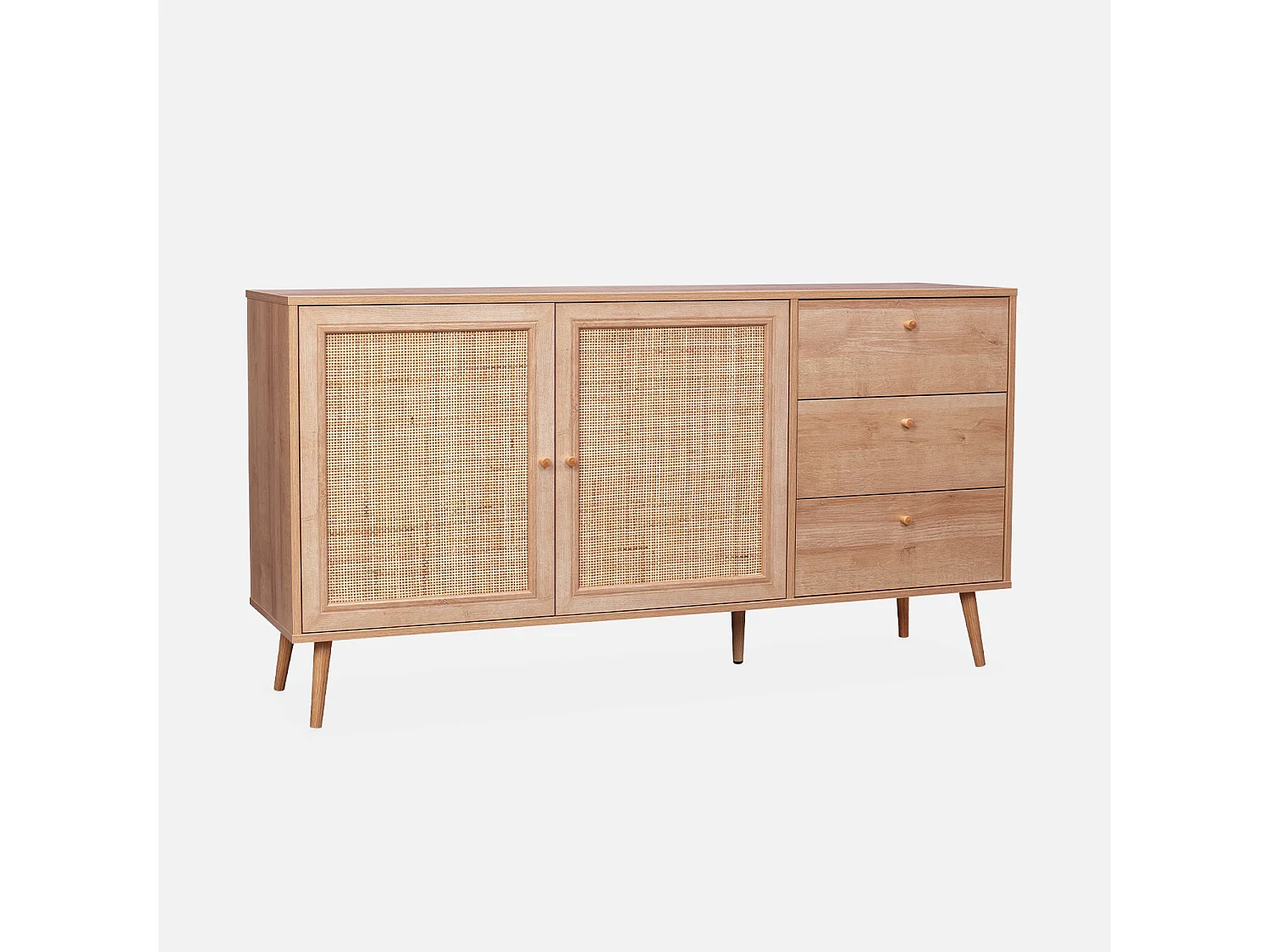 Credenza scandinava a 2 ante in canna, 150cm, marrone naturale