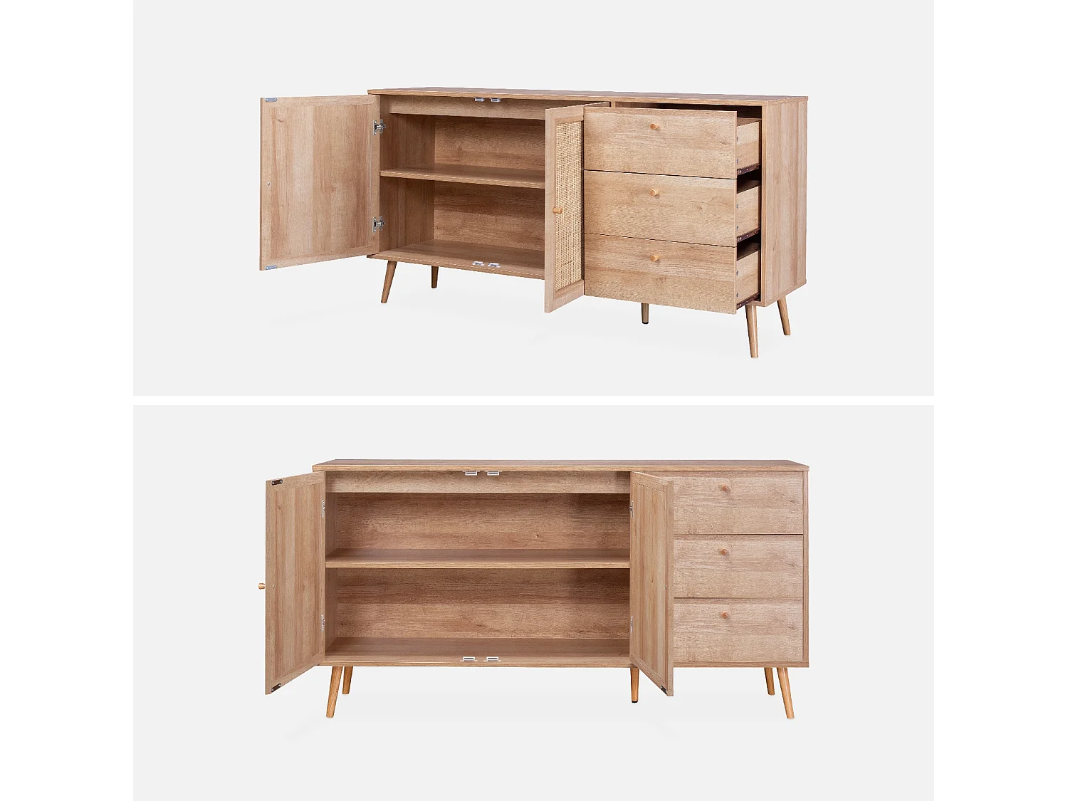 Credenza scandinava a 2 ante in canna, 150cm, marrone naturale