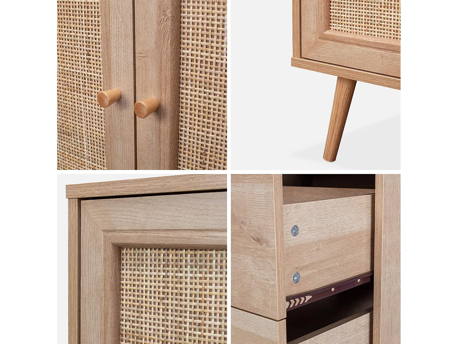 Credenza scandinava a 2 ante in canna, 150cm, marrone naturale