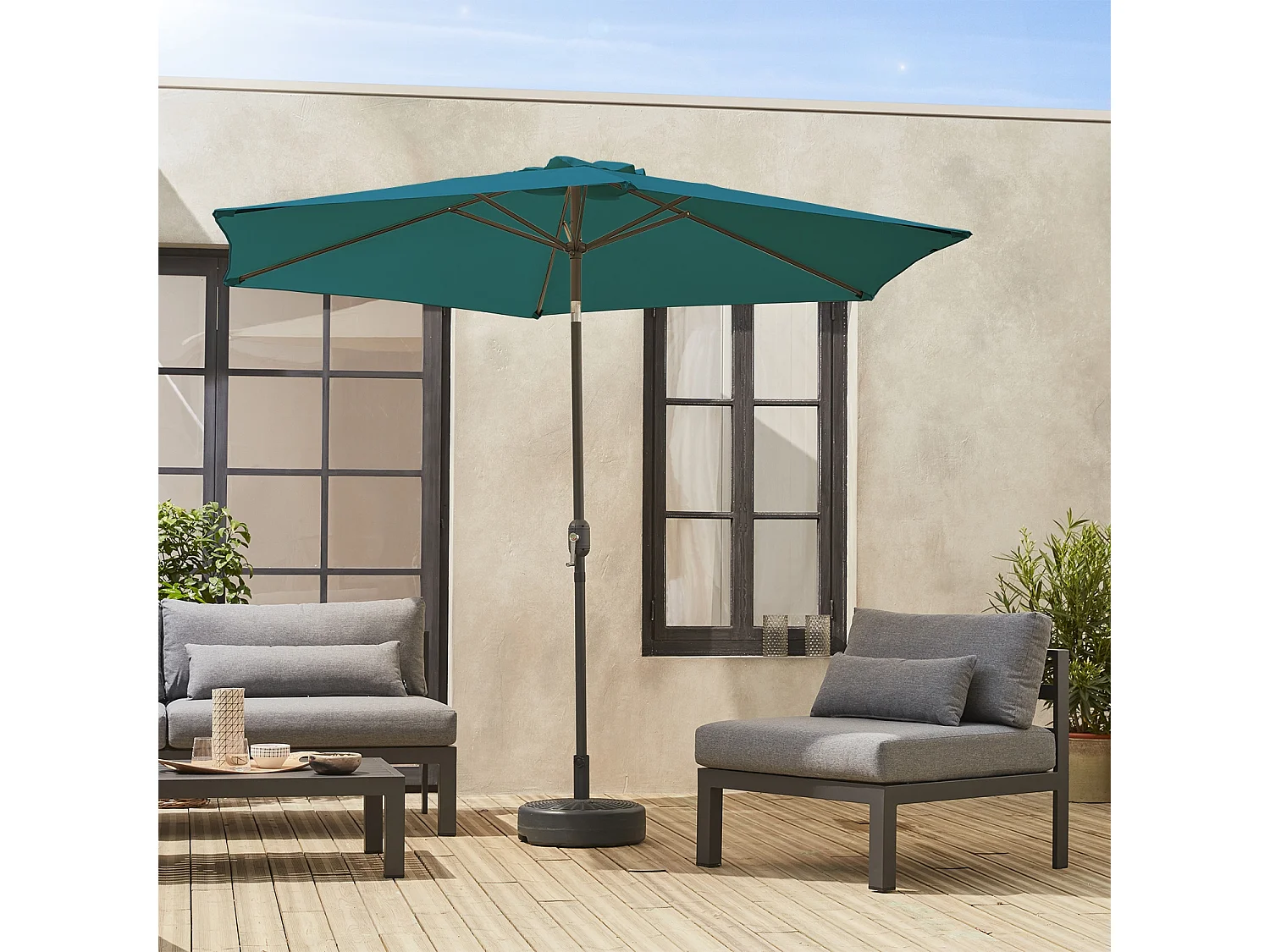 Parasol droit rond Ø300cm - Touquet Bleu canard - mât central en aluminium orientable et manivelle d'ouverture