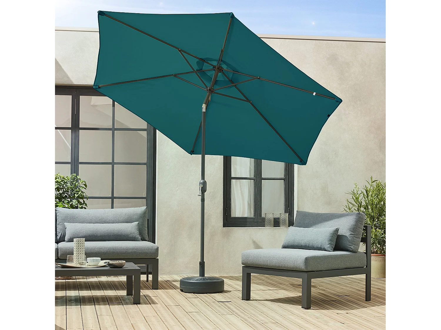 Parasol droit rond Ø300cm - Touquet Bleu canard - mât central en aluminium orientable et manivelle d'ouverture