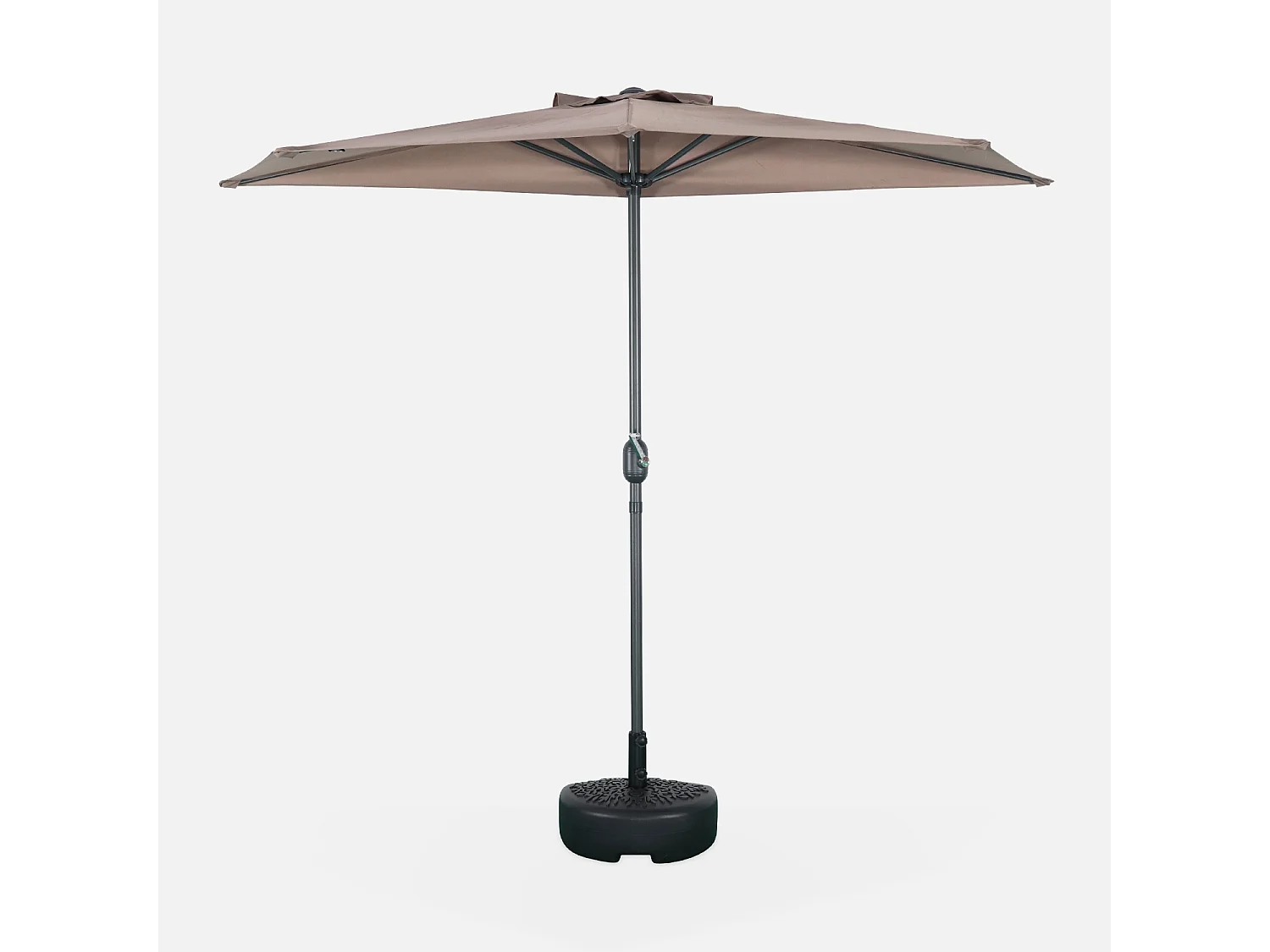 Parasol de balcon Ø250cm  – CALVI – Demi-parasol droit. mât central en aluminium avec manivelle d’ouverture. toile taupe