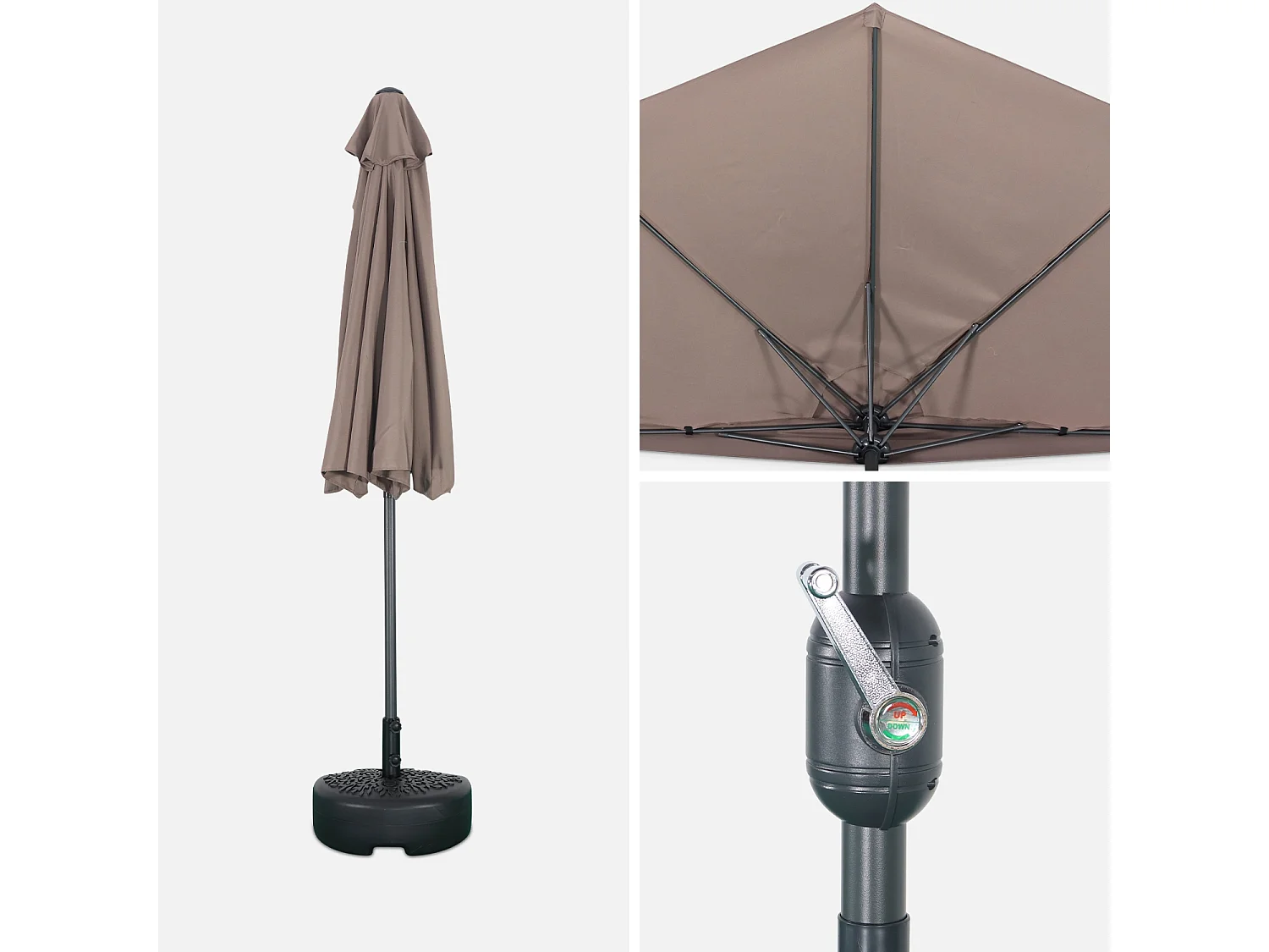 Parasol de balcon Ø250cm  – CALVI – Demi-parasol droit. mât central en aluminium avec manivelle d’ouverture. toile taupe