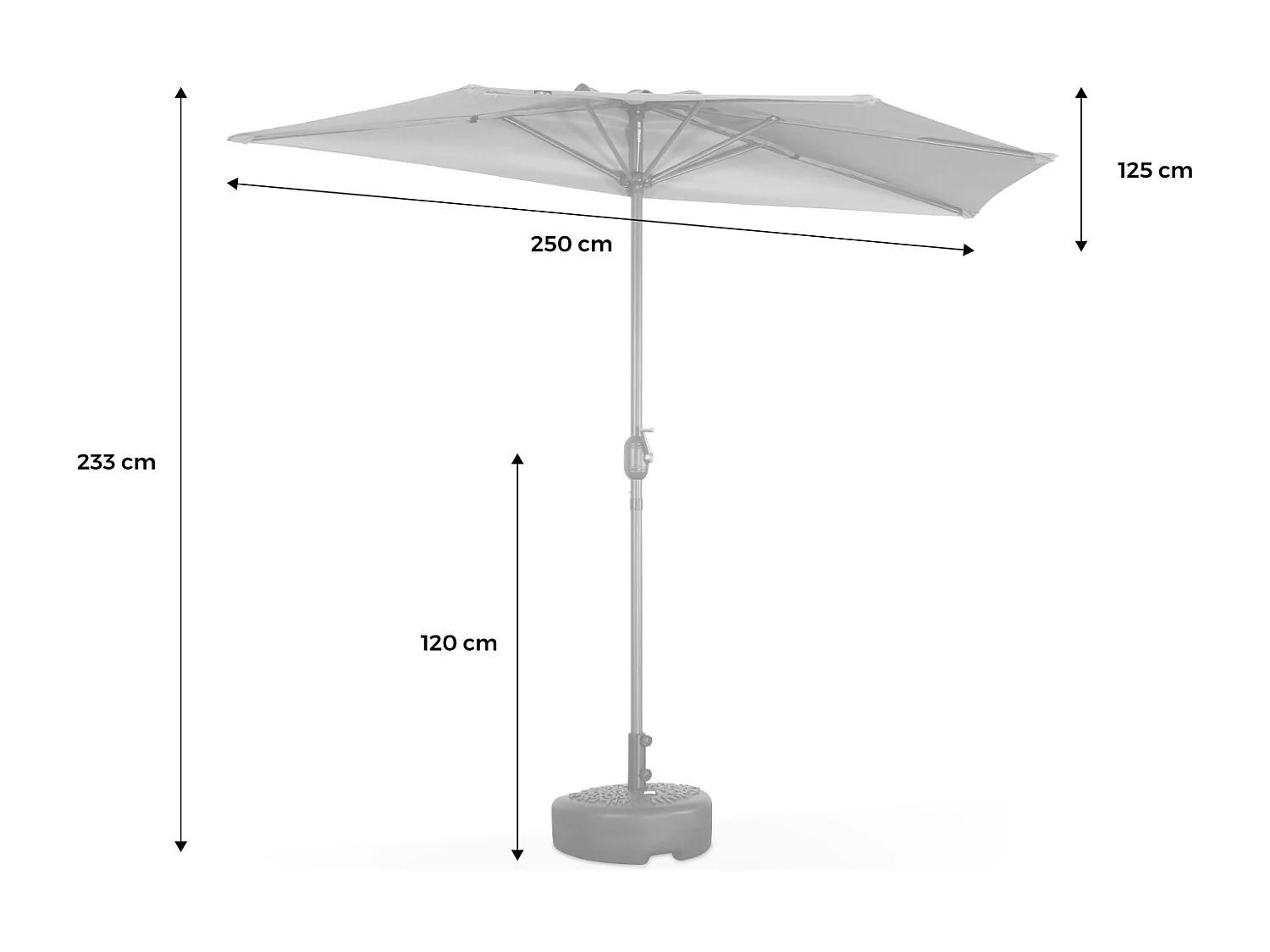 Parasol de balcon Ø250cm  – CALVI – Demi-parasol droit. mât central en aluminium avec manivelle d’ouverture. toile taupe