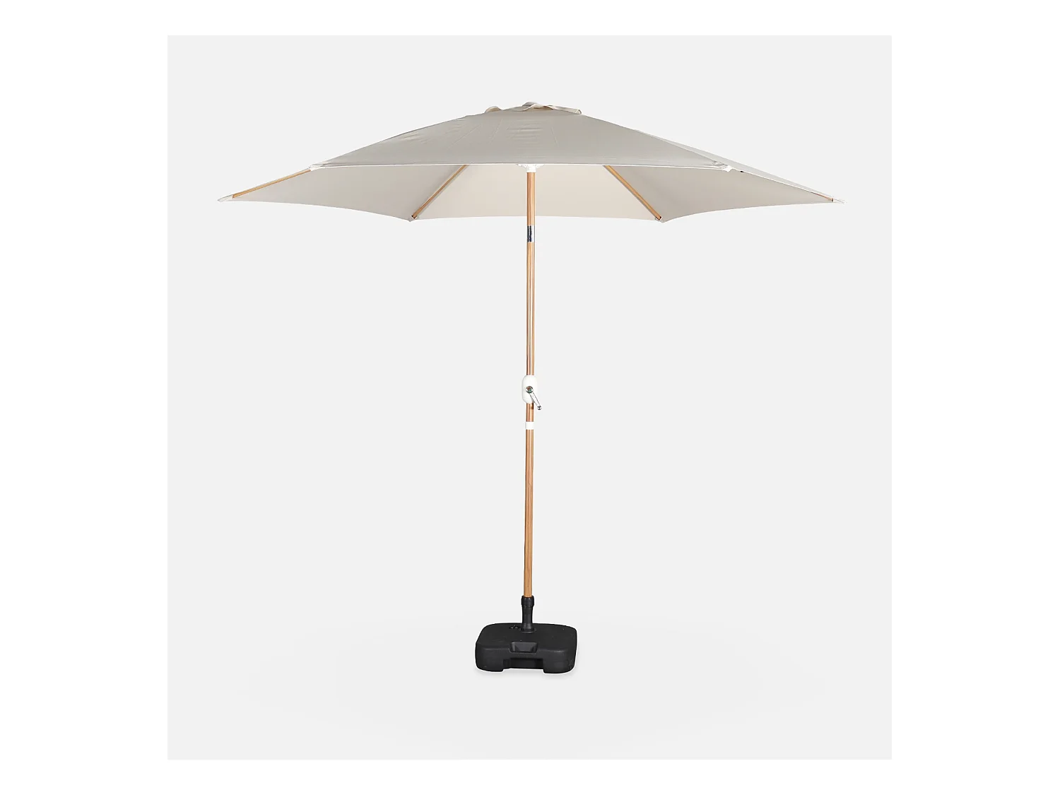 Parasol droit rond sable Ø293cm mât central en aluminium imitation bois. orientable et manivelle d'ouverture