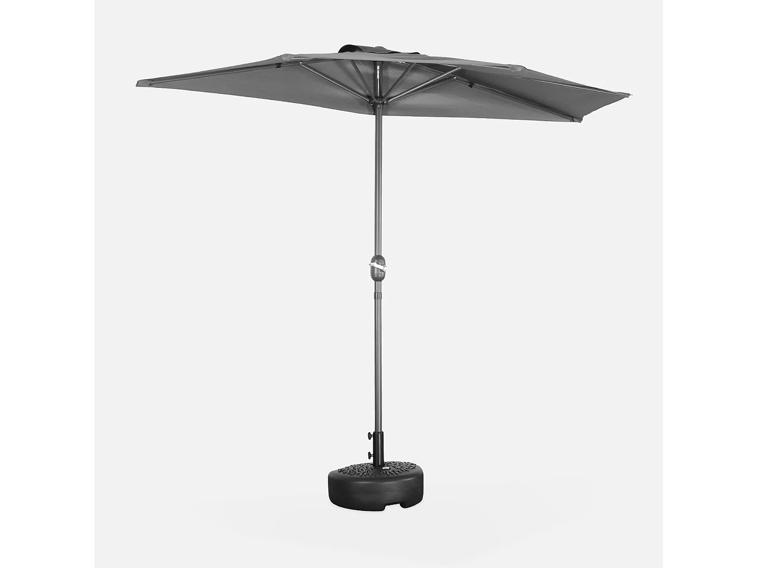 Parasol de balcon Ø250cm  – CALVI – Demi-parasol droit. mât central en aluminium avec manivelle d’ouverture. toile grise