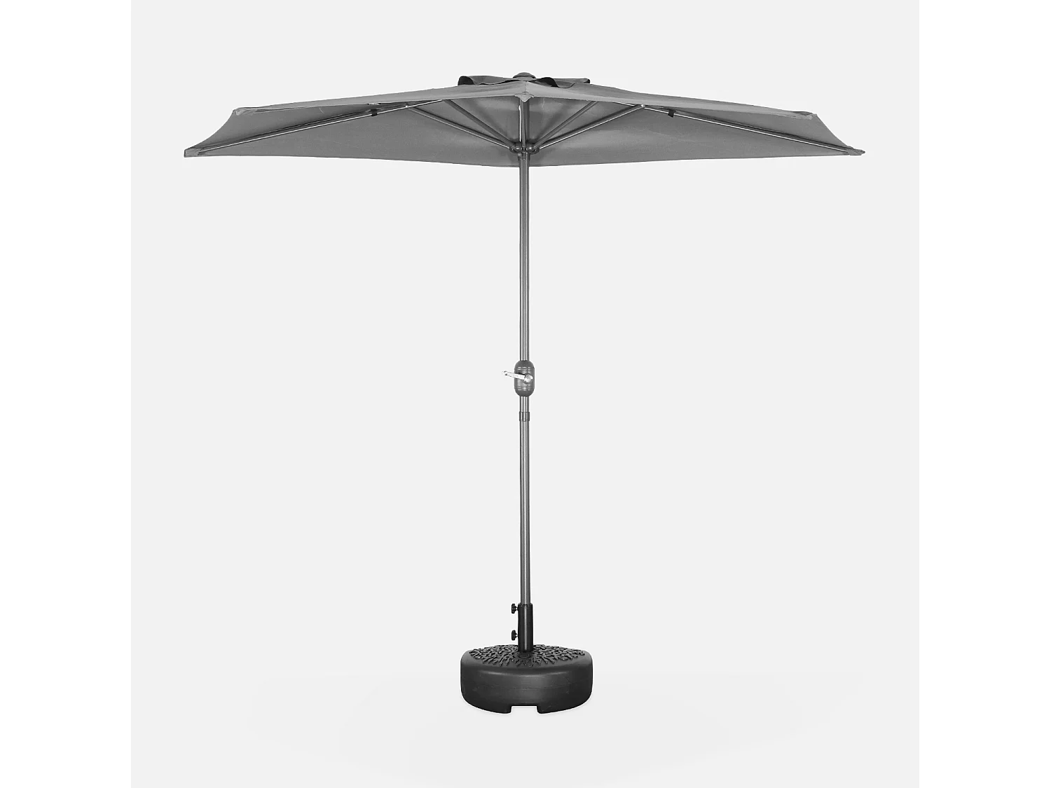 Parasol de balcon Ø250cm  – CALVI – Demi-parasol droit. mât central en aluminium avec manivelle d’ouverture. toile grise