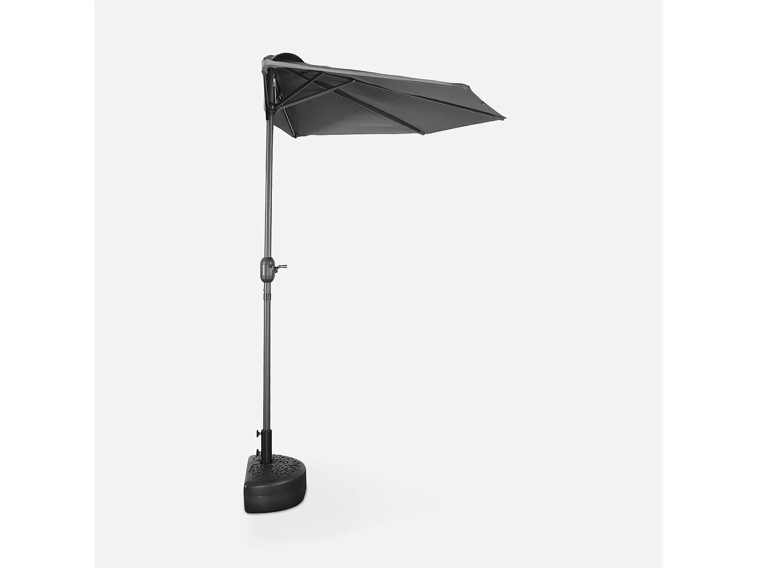 Parasol de balcon Ø250cm  – CALVI – Demi-parasol droit. mât central en aluminium avec manivelle d’ouverture. toile grise