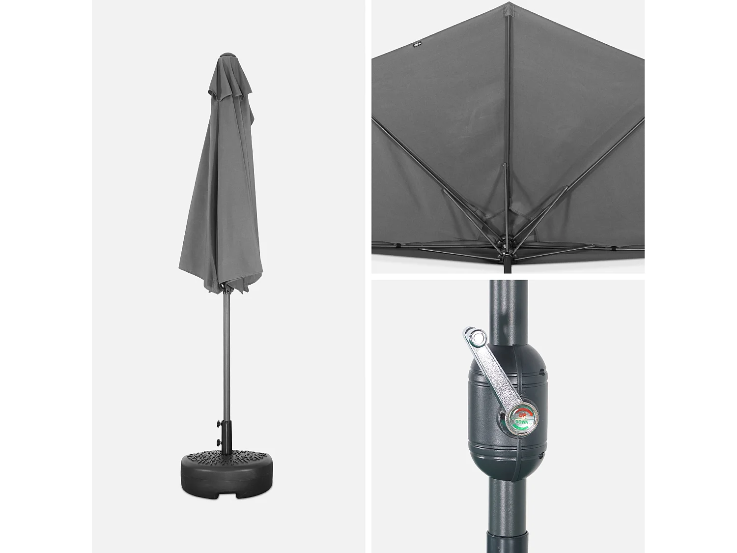 Parasol de balcon Ø250cm  – CALVI – Demi-parasol droit. mât central en aluminium avec manivelle d’ouverture. toile grise