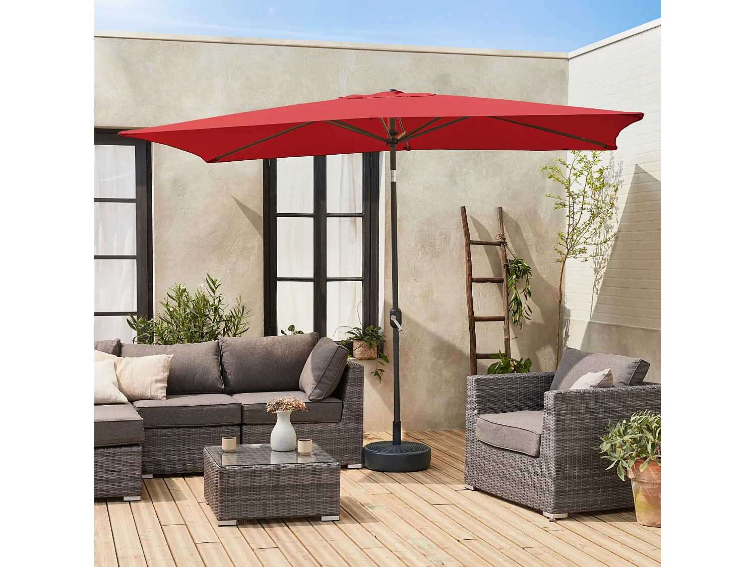 Parasol droit rectangulaire 2x3m - Touquet Rouge - mât central en aluminium orientable et manivelle d'ouverture