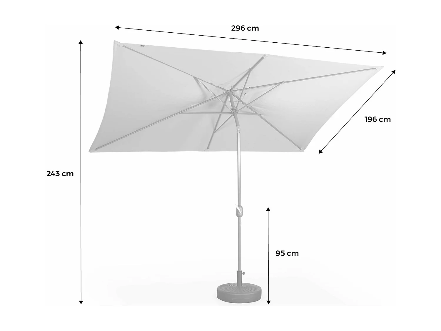 Parasol droit rectangulaire 2x3m - Touquet Rouge - mât central en aluminium orientable et manivelle d'ouverture