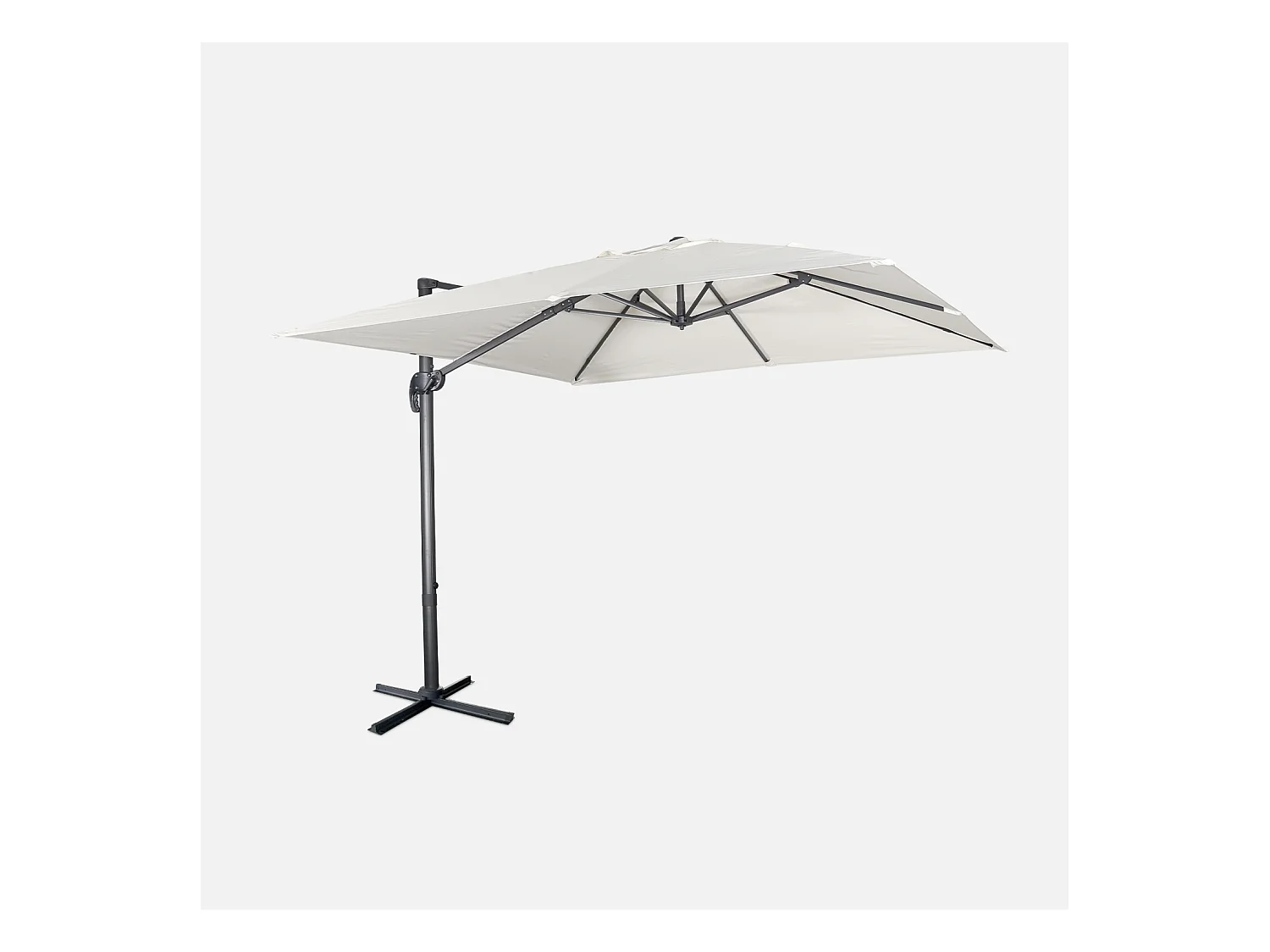 Parasol déporté carré 3x3m haut de gamme - Falgos - ecru- Parasol excentré inclinable. rabattable et rotatif à 360°.