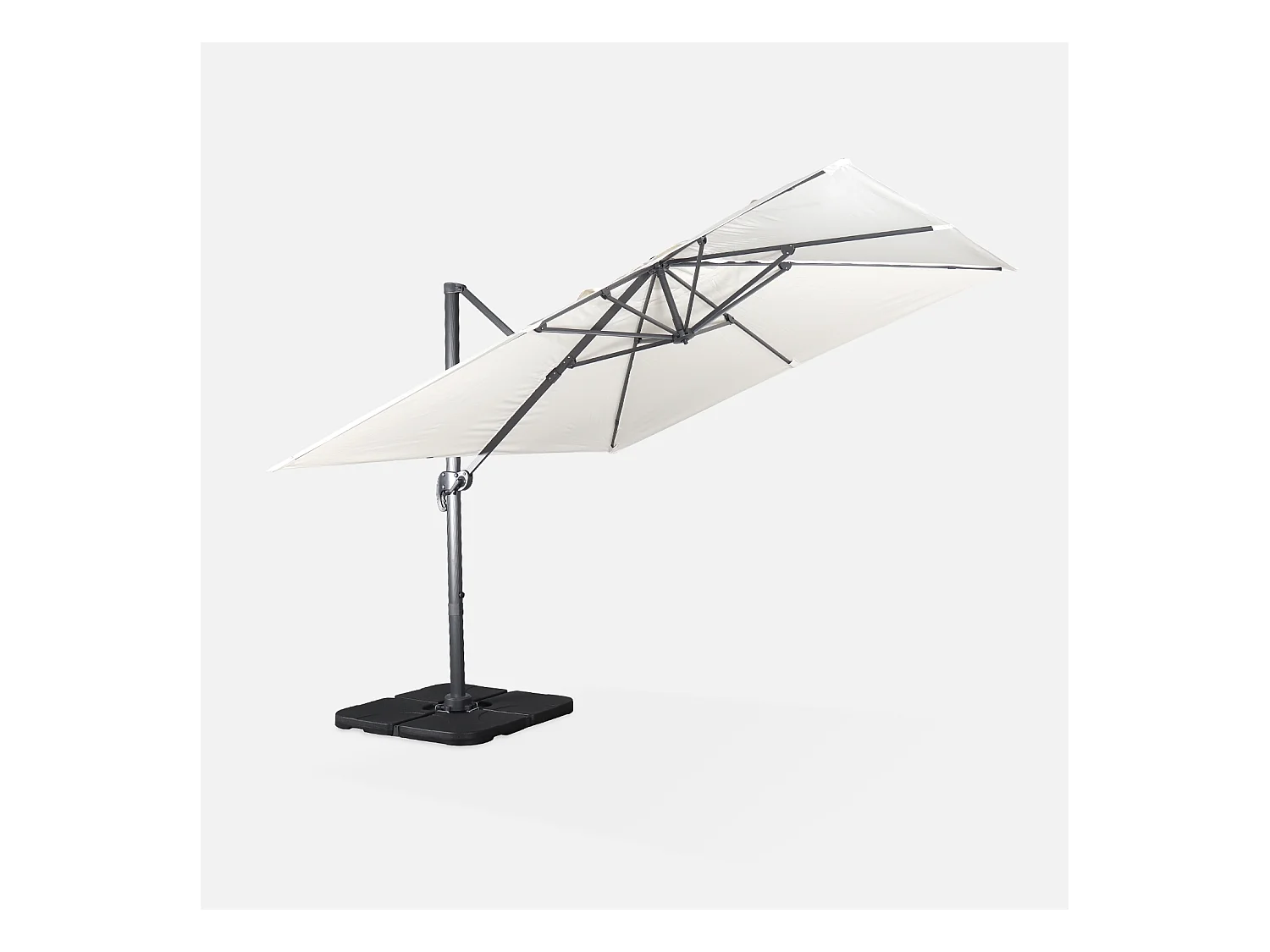 Parasol déporté carré 3x3m haut de gamme - Falgos - ecru- Parasol excentré inclinable. rabattable et rotatif à 360°.