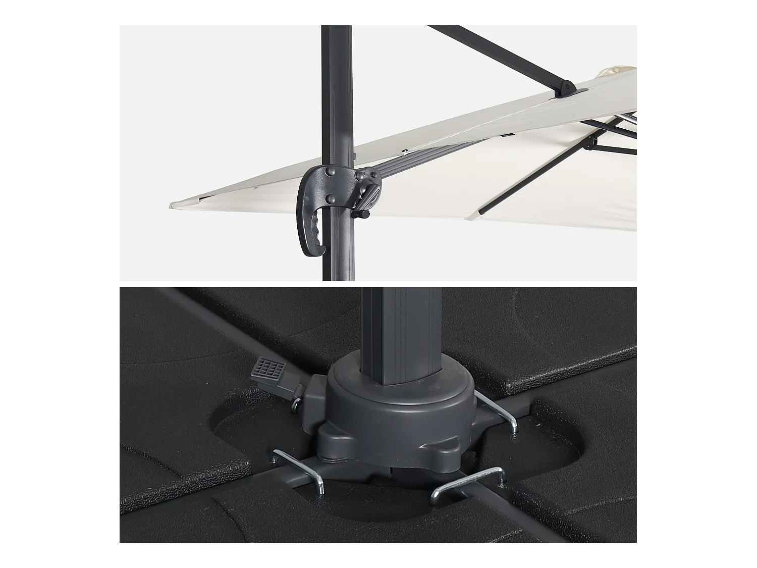 Parasol déporté carré 3x3m haut de gamme - Falgos - ecru- Parasol excentré inclinable. rabattable et rotatif à 360°.